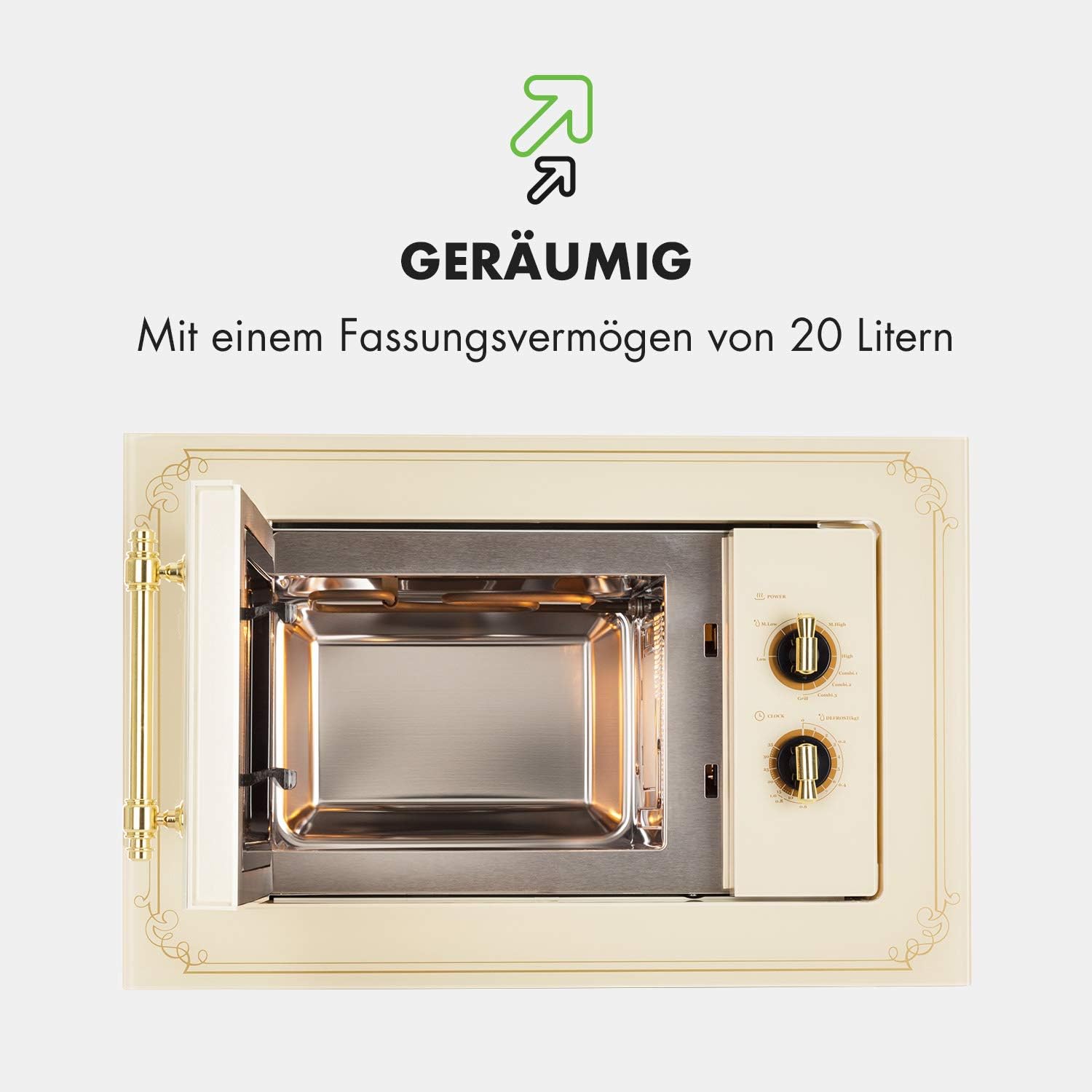 Klarstein Victoria 20 - micro-ondes encastrable, design rétro, 20L, micro-ondes 800W / puissance de gril 1000W, 3 fonctions grill/micro-ondes, acier inoxydable, cadre de montage, ivoire