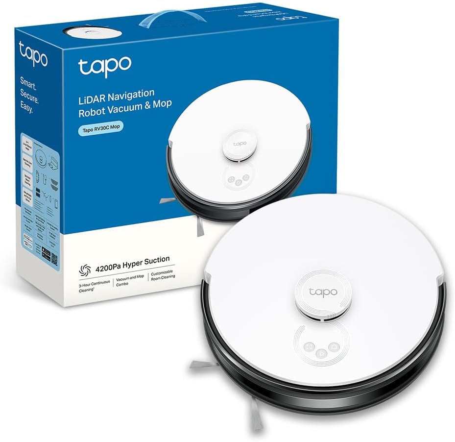 Tapo Aspirateur Robot Laveur 2 en 1 RV20Max Plus, Vidage Automatique, Silencieux Ultra Fin, Ultra puissante de 5300Pa, Navigation LiDAR, Auto-Charge Autonomie 180min, Tapis et Poils d'animaux