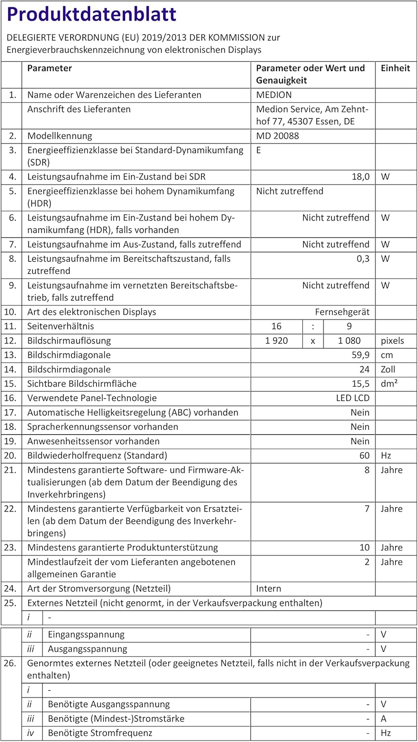 MEDION E14080 (MD 30224) Téléviseur Full HD 100,3 cm (40 Pouces) (Lecteur DVD intégré, récepteur Triple Tuner DVB-T2 DVB-C DVB-S2, 2 x HDMI, VGA, USB, Mediaplayer, CI+)