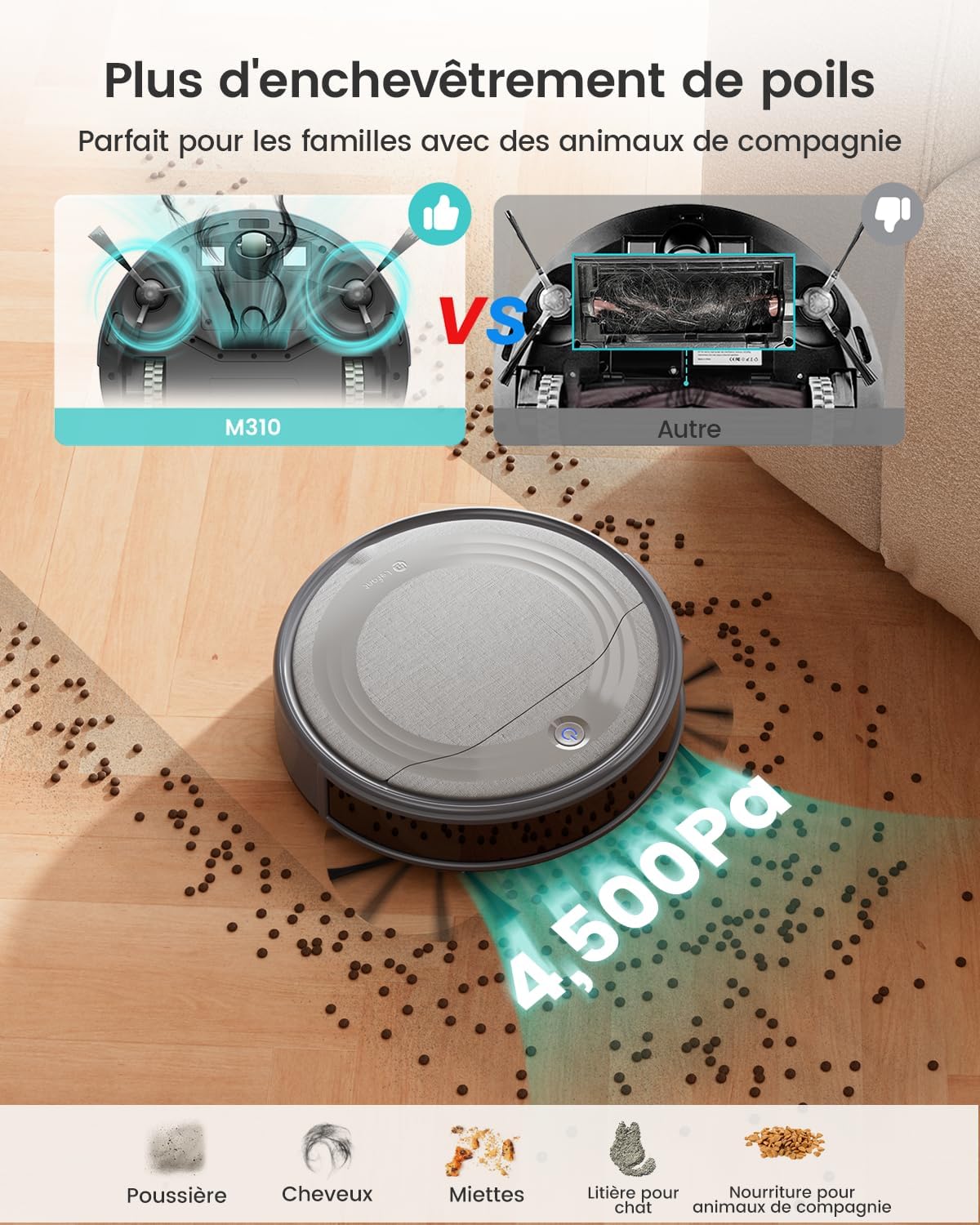 Lefant Aspirateur Robot, Robot Aspirateur 4500Pa Puissance d'Aspiration, Évitement Précis des Obstacles, Anti-Enchevêtrement Idéal pour Les Poils d'animaux, Cheveux et Sols Durs,Contrôle par App/Alexa