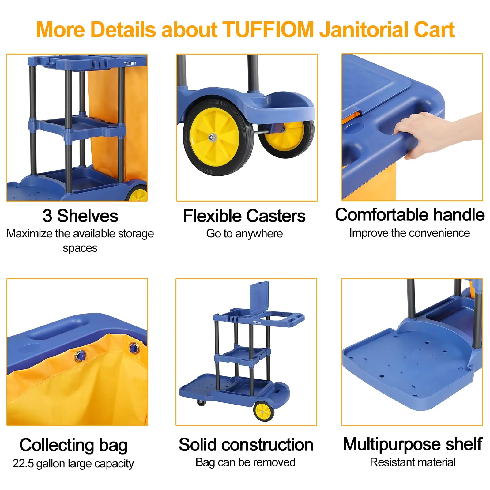 TUFFIOM Commercial Traditional Cleaning Janitorial 3-Shelf Cart