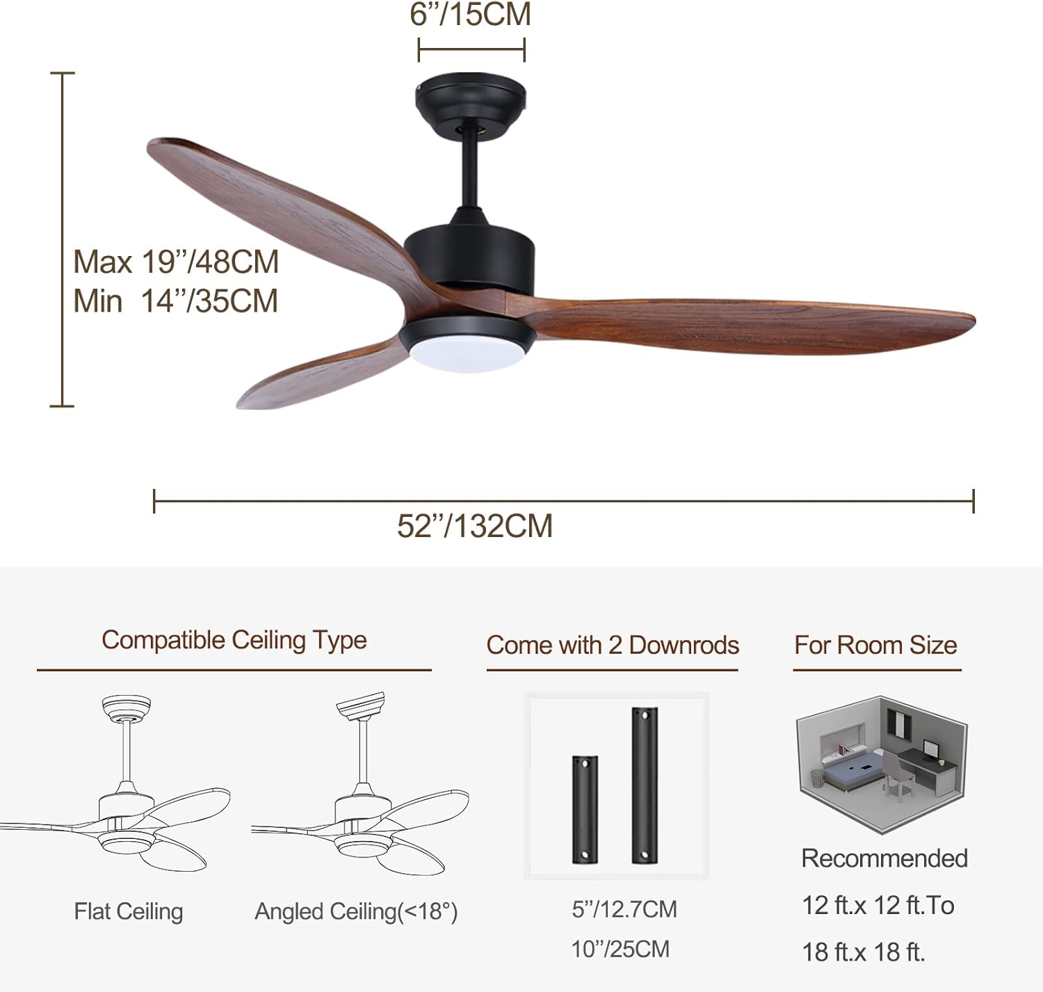 Ovlaim 132cm intérieur extérieur 3 pales hélice Smart ventilateur de plafond, Ventilateur de plafond en bois massif à moteur DC silencieux avect