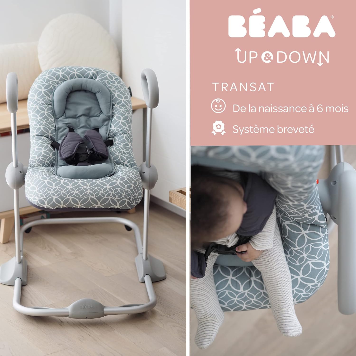 Béaba, Transat Up & Down IV, Transat Réglable en Hauteur, Unisexe pour Bébé et Enfants, 3 Positions d'Inclinaison, Harnais Sécurité 5 Points, Réducteur de Naissance, Gris minéral et miel