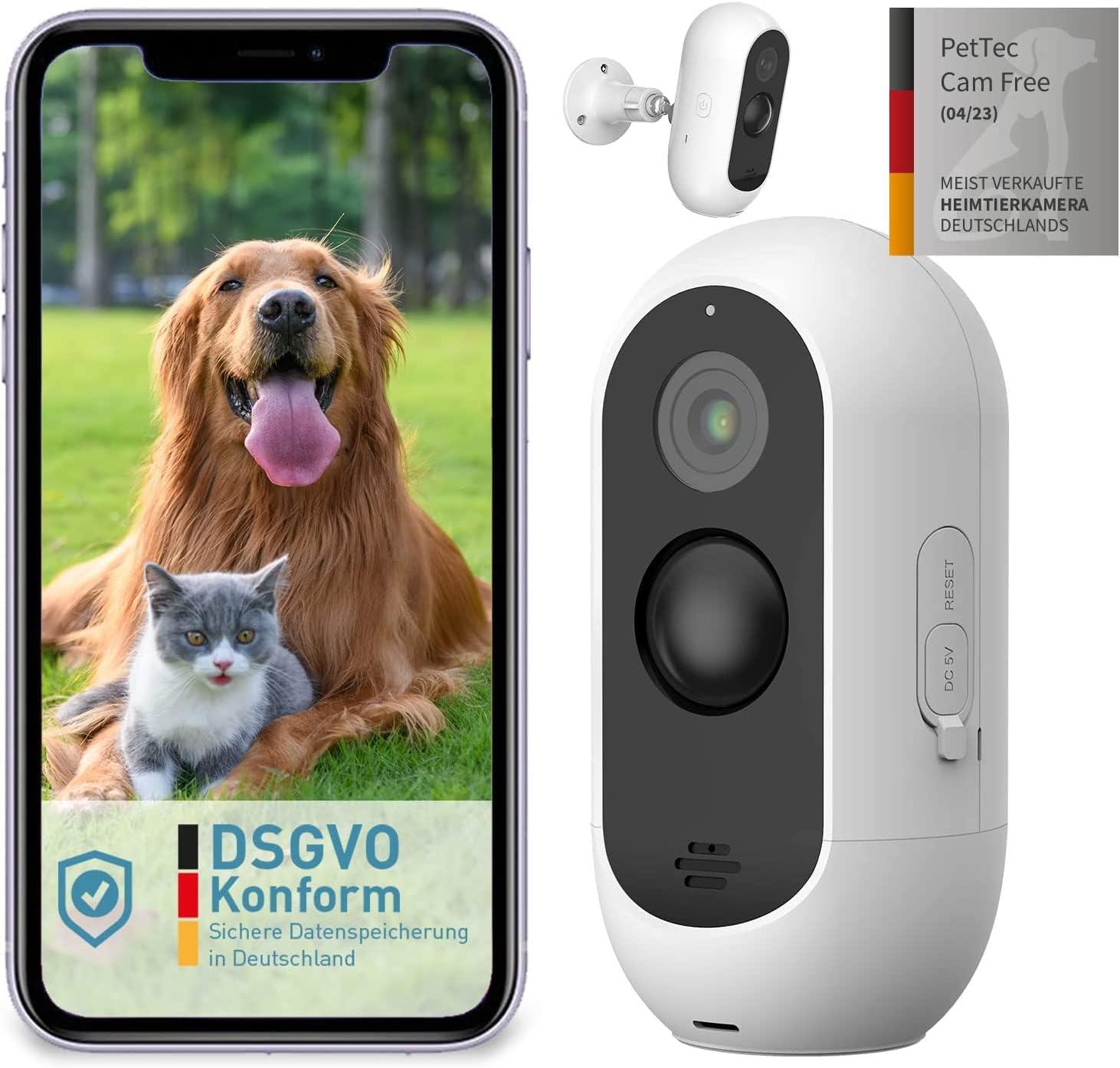 PetTec Cam Free Lot de 2 caméras sans fil pour animaux de compagnie avec application [sans piège à abonnement] – Caméra pour chats et chiens intérieur/extérieur – Détection de mouvement et fonction