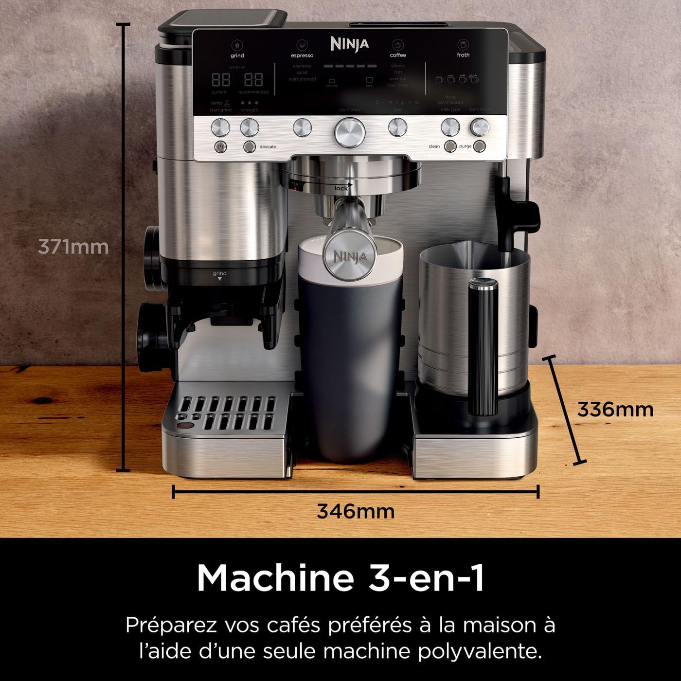 NINJA Machine à café Luxe Premier 3-en-1, Latte, Cappuccino, Infusion à froid et Espresso avec broyeur à grains et mousseur à lait intégrés, facile à utiliser, EU Prise, argent, ES601EU