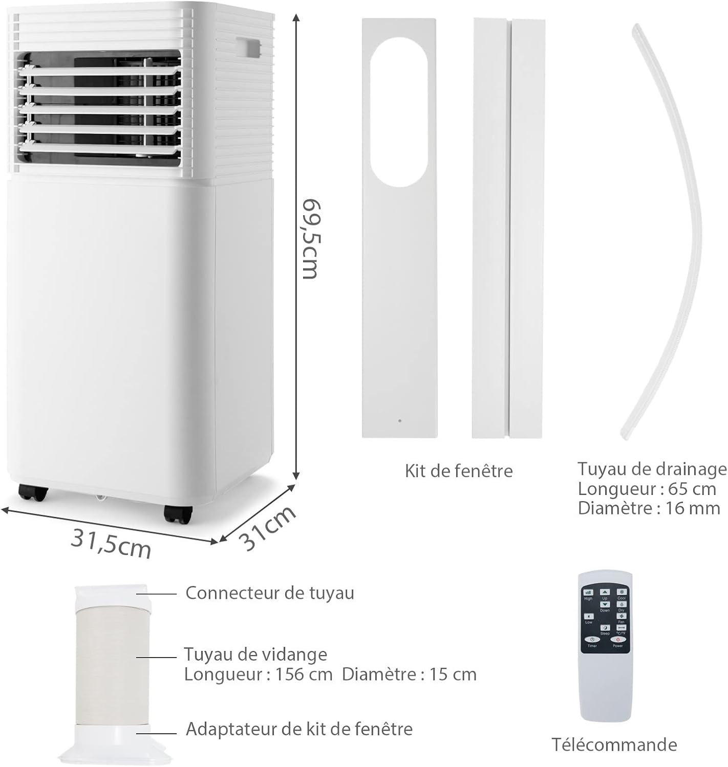 RELAX4LIFE Climatiseur Mobile Silencieux 9000BTU, Climatiseur Portable 4 en 1, Refroidisseur d'Air, Ventilateur, Déshumidificateur, Mode Nuit, 15-20㎡, Télécommande, Minuterie 24H, Classe Energie A