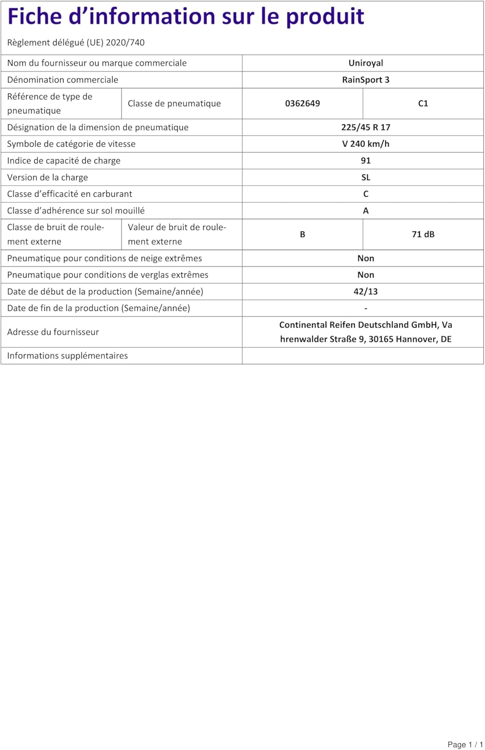 Uniroyal RainSport 3 FR - 225/45R17 91V - Pneu té