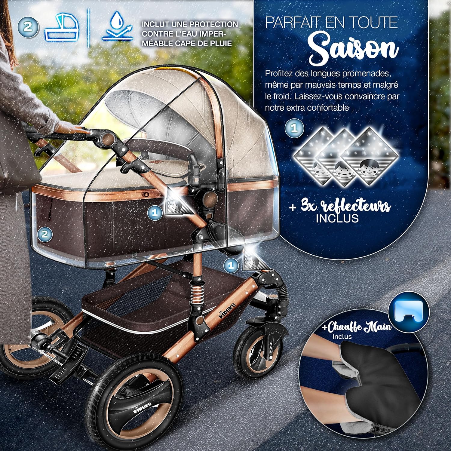 KIDUKU® Poussette Combinée 3 en 1 | Trio pour Enfants | Siége Auto Légère, Piable | Nacelle Souple Convertible | Set de Voyage (Noir/Champagne)