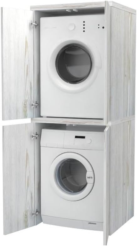 VE.CA Meuble lave-linge, sèche-linge, meuble buanderie avec portes, couleur chêne vintage, en bois, rectangulaire, colonne lave-linge et sèche-linge, fabriqué en Italie