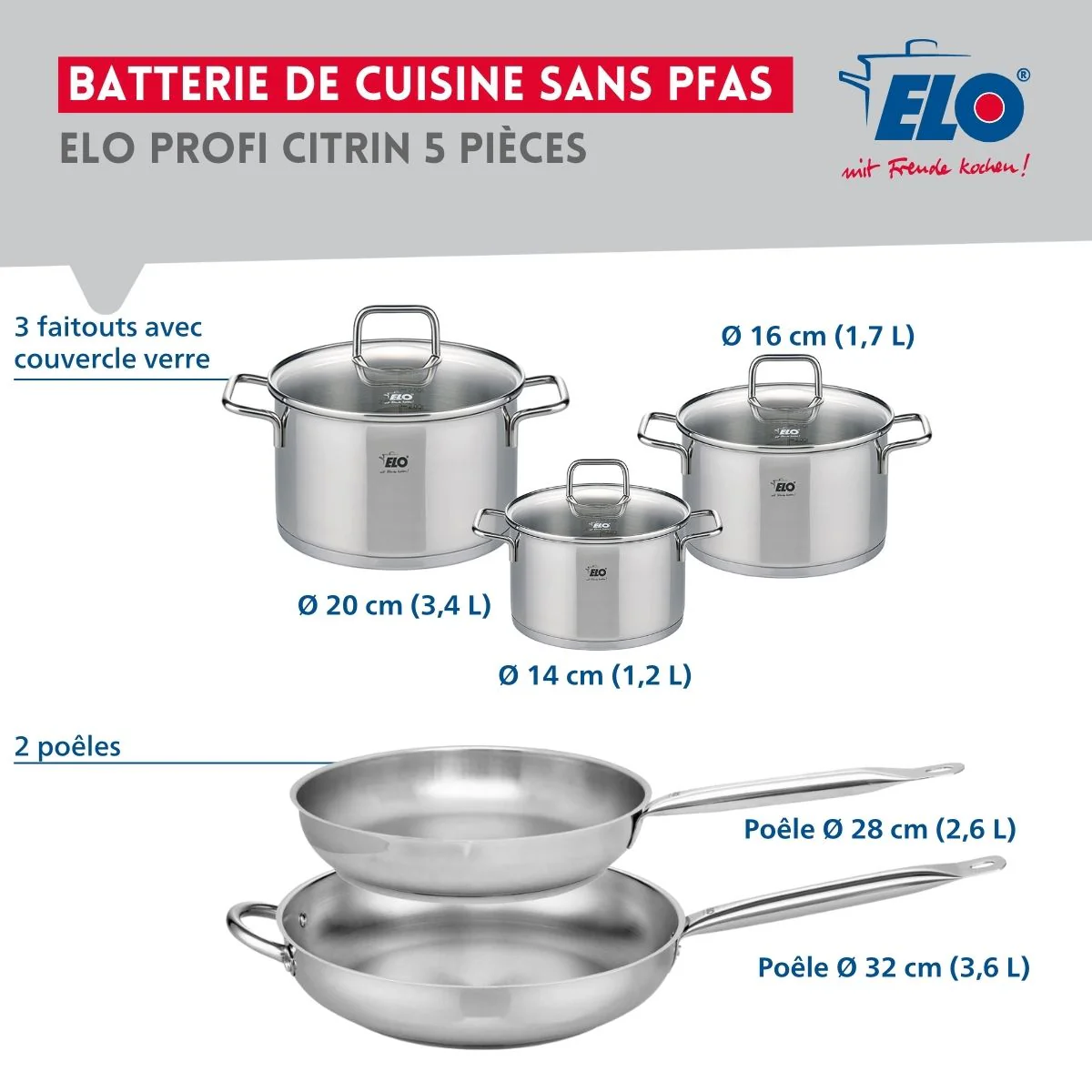 Ensemble de 2 Poêles de cuisson 28 et 32 cm et 3 faitouts 14, 16 et 20 cm Elo Profi Citrin Elo