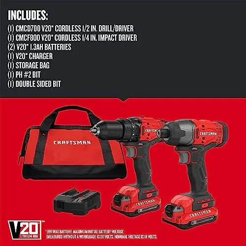 CRAFTSMAN V20 MAX Cordless Drill and Impact Driver, Power Tool Combo Kit with 2 Batteries and Charger (CMCK200C2AM)