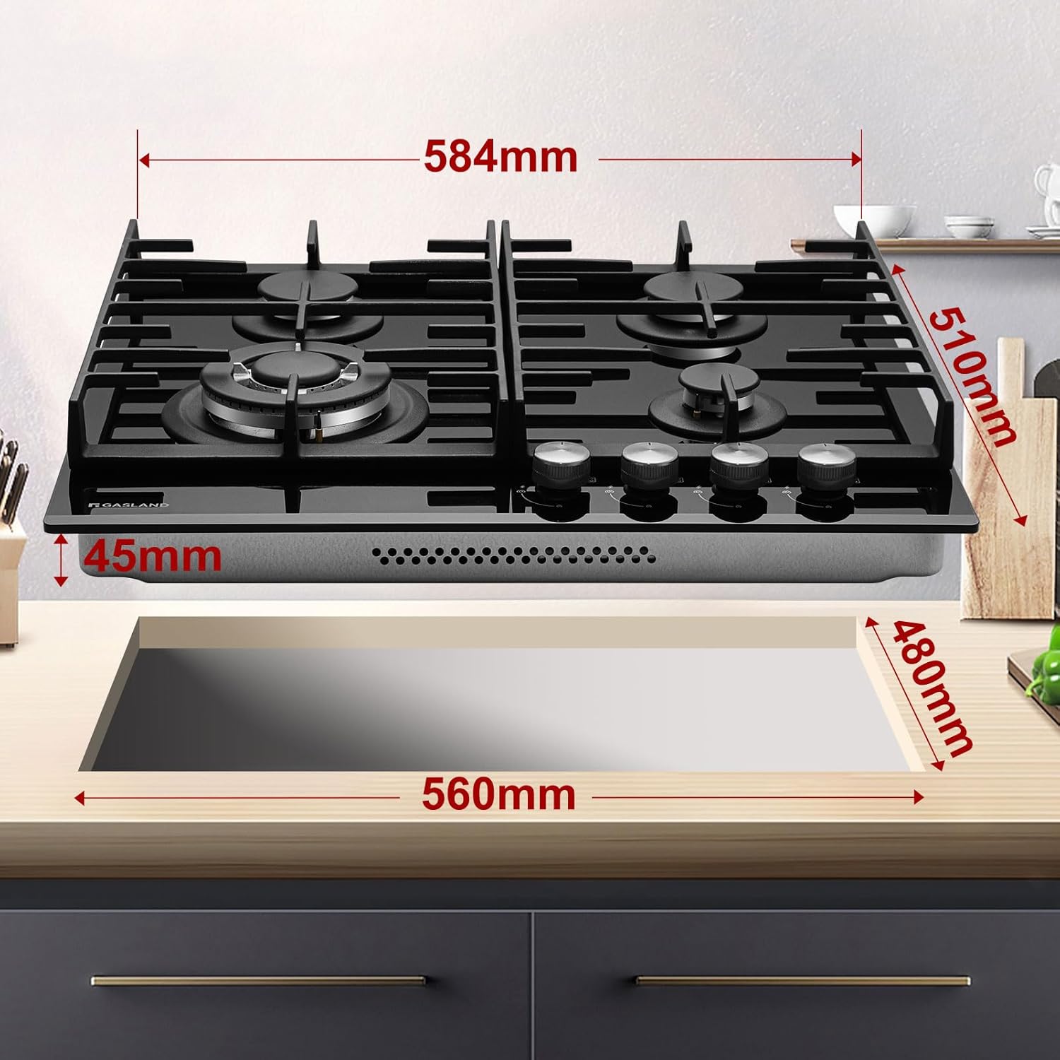 GASLAND GH2805BG1FC Table de cuisson à gaz 5 feux, Cuisinière à gaz avec brûleur wok, Table de cuisson à gaz encastrable, 76cm noir Cuisinière à gaz en verre, Cuisinière à gaz 10,4KW, GPL/NG