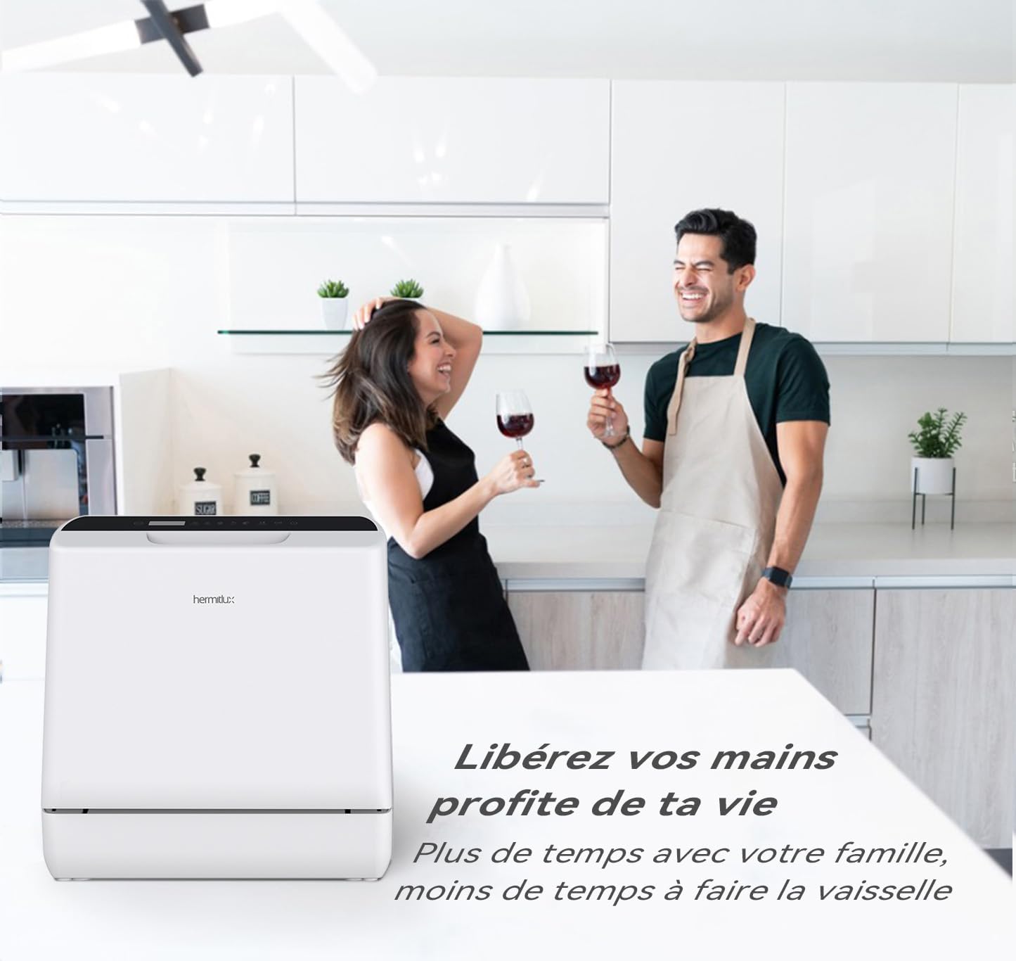 Hermitlux Mini-lave-vaisselle, lave-vaisselle de comptoir, utilisable avec robinet ou sans robinet, largeur de 43 cm, capable de contenir 4 sets, adapté au camping, 175 kWh/an, blanc