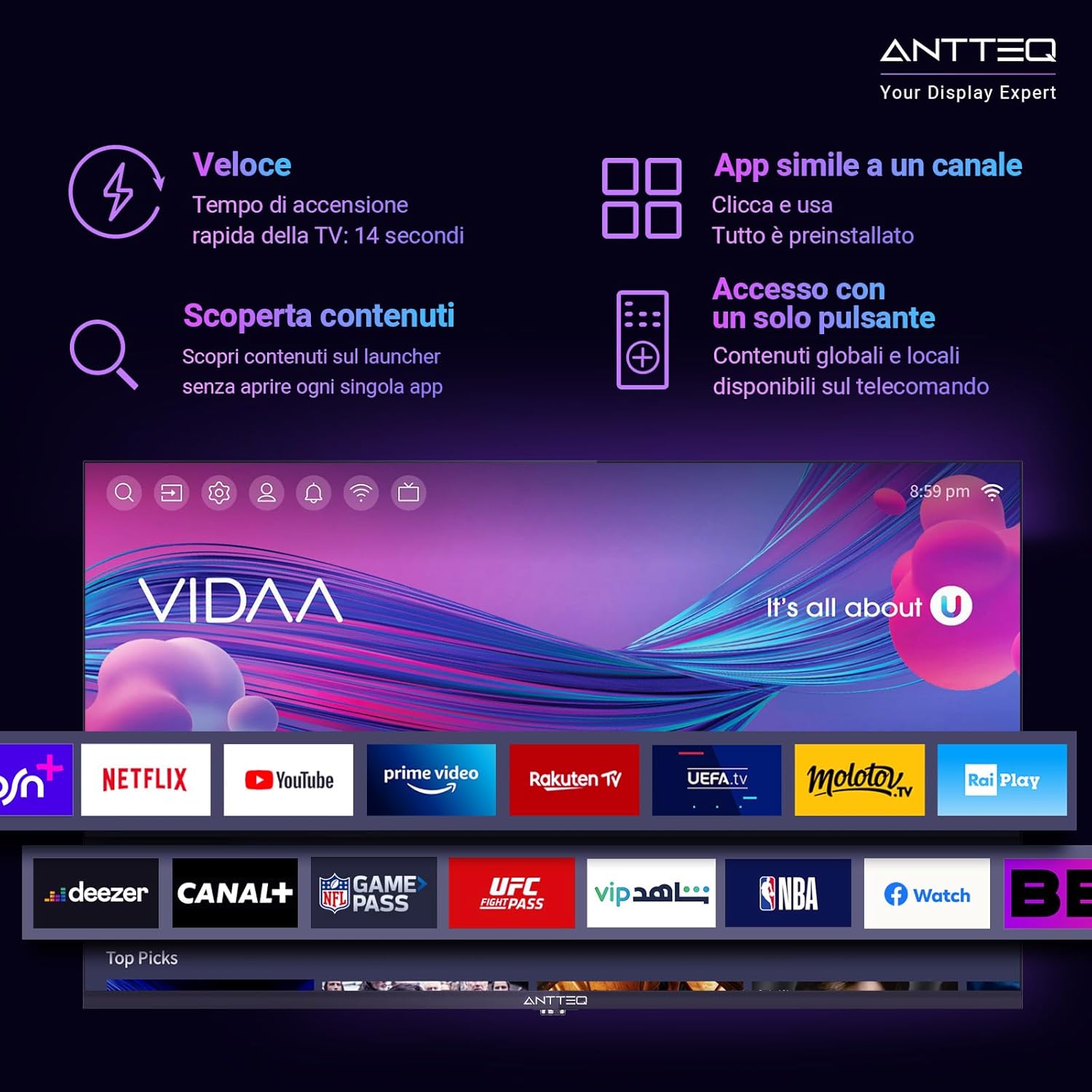 Antteq AB42D1 télévision 42 Pouces (TV 107 cm), Dolby Audio, LED, Triple Tuner DVB-C / T2 / S2, CI+, HDMI, Lecteur multimédia Via USB, Sortie Audio numérique, y Compris Mode hôtel