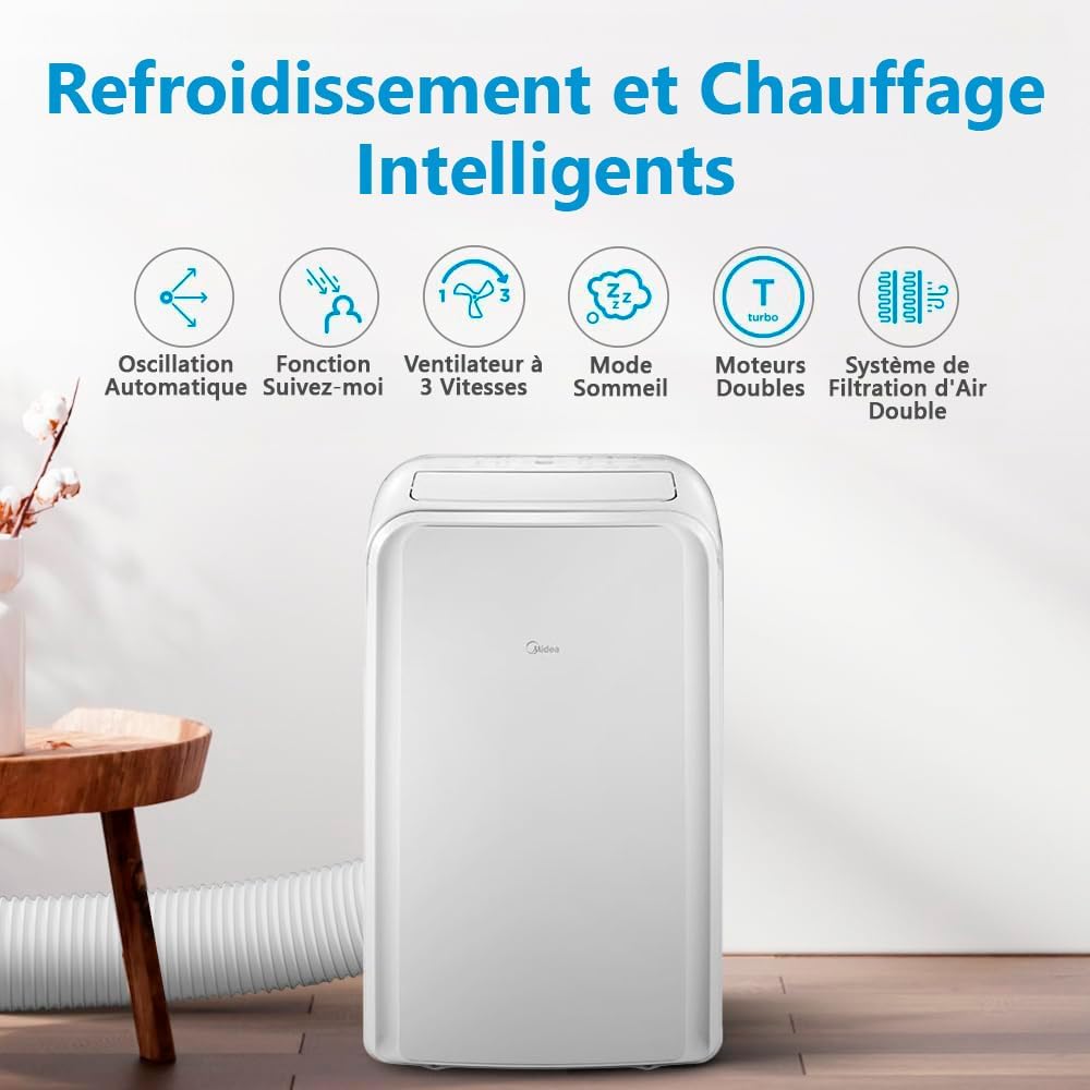 MIDEA Climatiseur Mobile Silencieux 12000 BTU avec Évacuation - Climatisation Portable Prêt à Poser 3500W - Clim Réversible Split Mobile - 3 Vitesses avec Kit de Fenêtre et Télécommande