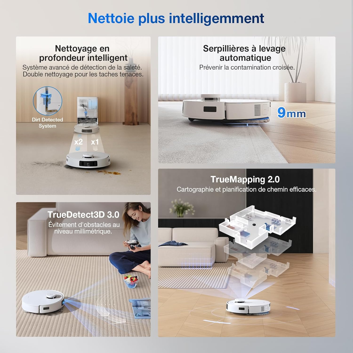 ECOVACS X8 PRO OMNI Robot Aspirateur Laveur avec Station Tout-En-Un, Puissance 18000Pa, Nettoyage Automatique Instantané OZMO ROLLER, Nettoyage à l'eau chaude 75℃, Ajout Solution Nettoyage Automatique