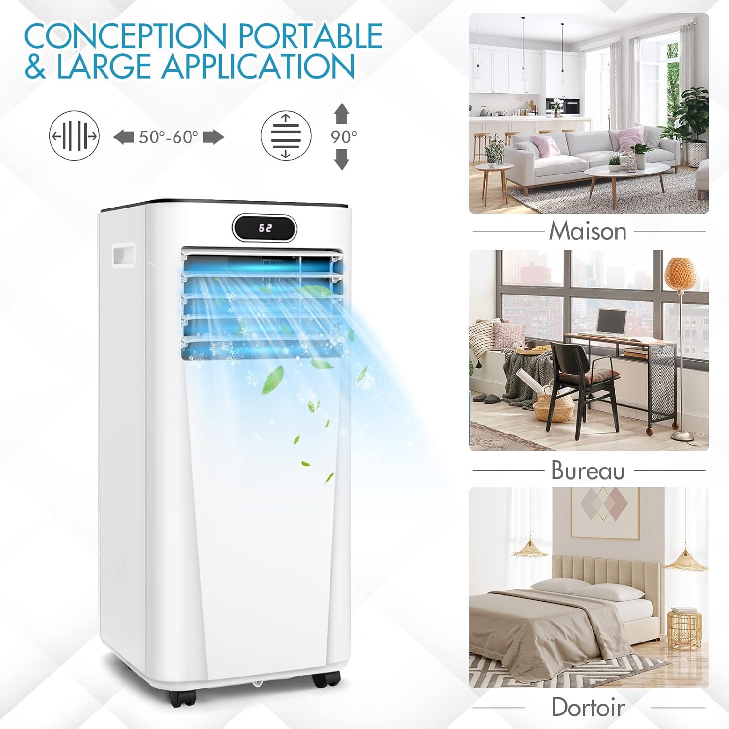 RELAX4LIFE Climatiseur Mobile Silencieux 9000BTU, Climatiseur Portable 4 en 1, Refroidisseur d'Air, Ventilateur, Déshumidificateur, Mode Nuit, 15-20㎡, Télécommande, Minuterie 24H, Classe Energie A