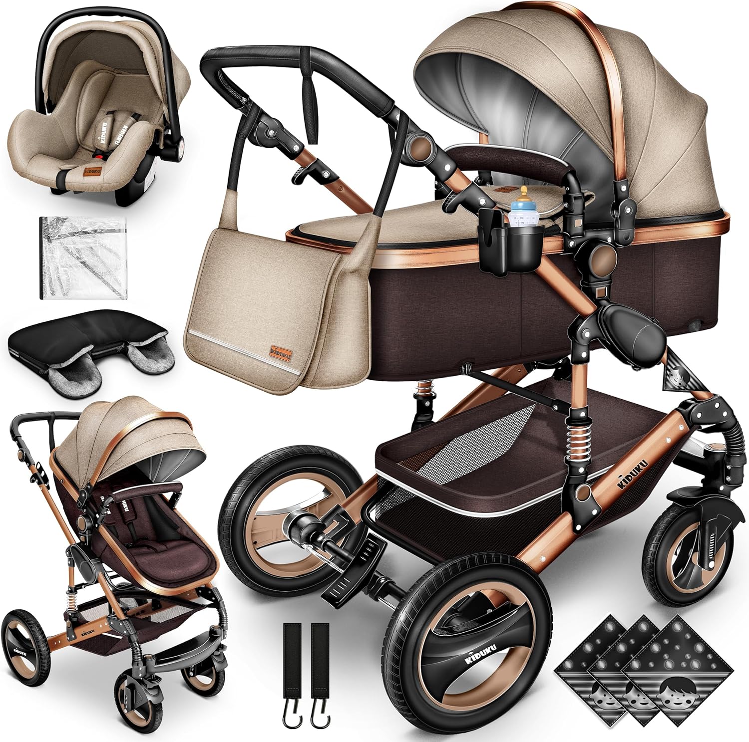 KIDUKU® Poussette Combinée 3 en 1 | Trio pour Enfants | Siége Auto Légère, Piable | Nacelle Souple Convertible | Set de Voyage (Noir/Champagne)