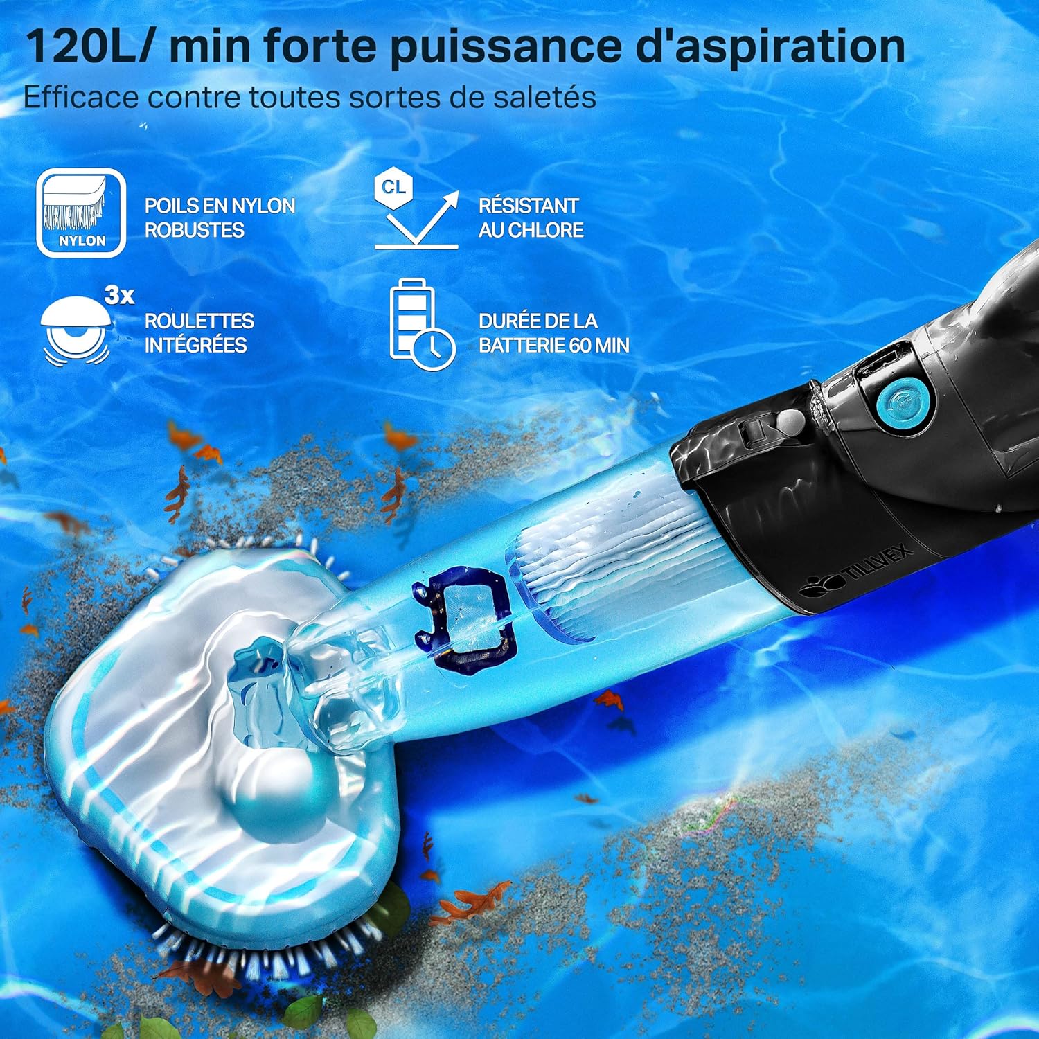tillvex Aspirateur Électrique pour Piscines | Nettoyeur de Piscine sans Fil avec Manche Télescopique | Kit de Nettoyage avec Filtre & 2 Vitesses | Rechargeable