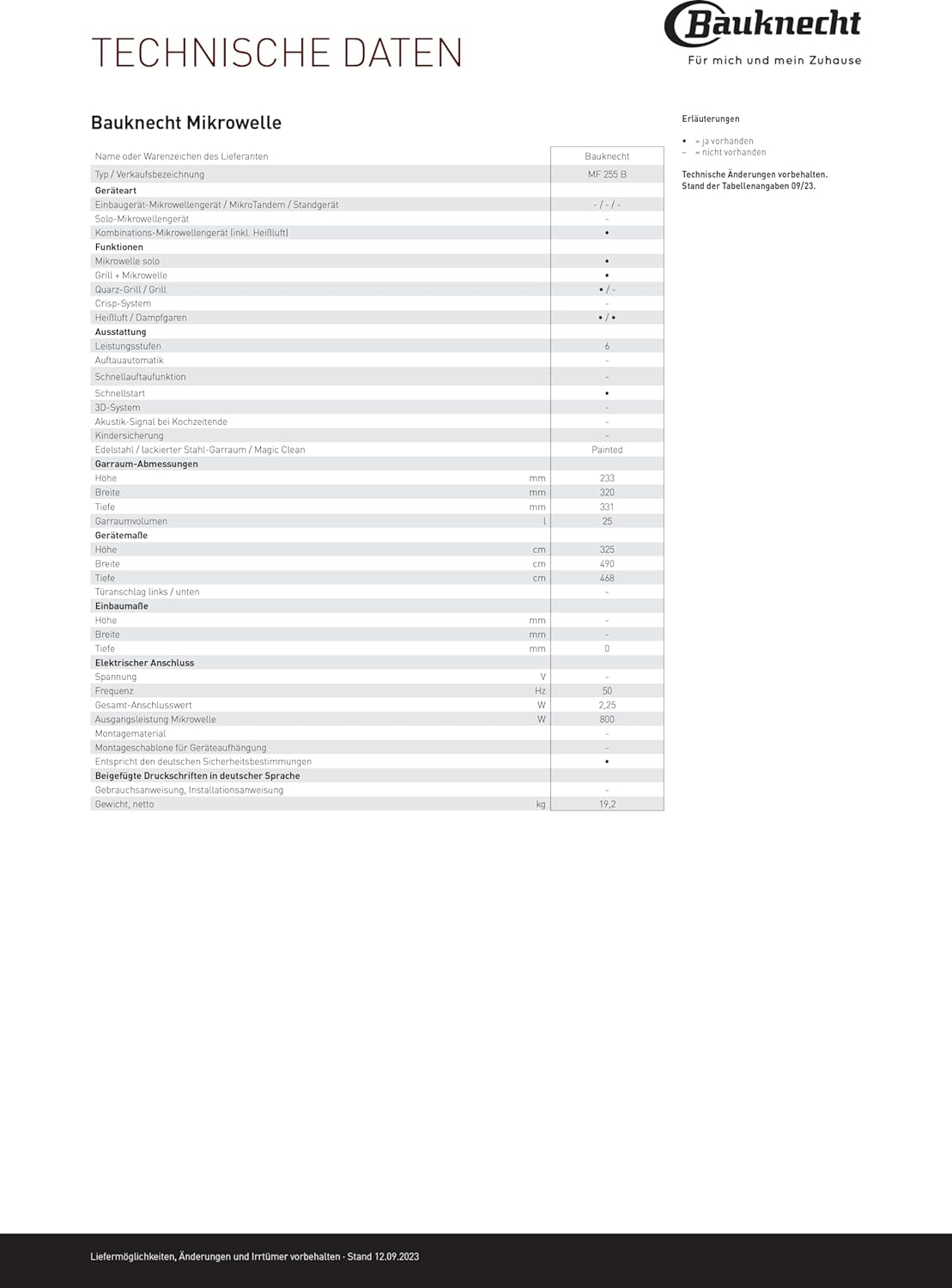 Bauknecht MF 255 B - Micro-ondes extra espace - Sans plateau tournant - My Menu - Programmes spéciaux - Cuisson à vapeur avec récipient de cuisson à la vapeur - Air chaud - Barbecue à quartz -