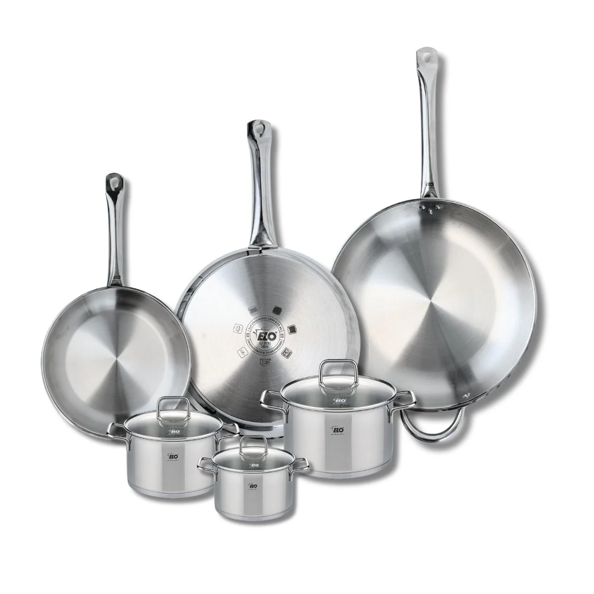 Ensemble de 3 Poêles de cuisson 24, 28 et 32 cm et 3 faitouts 12, 14 et 16 cm Elo Profi Citrin Elo