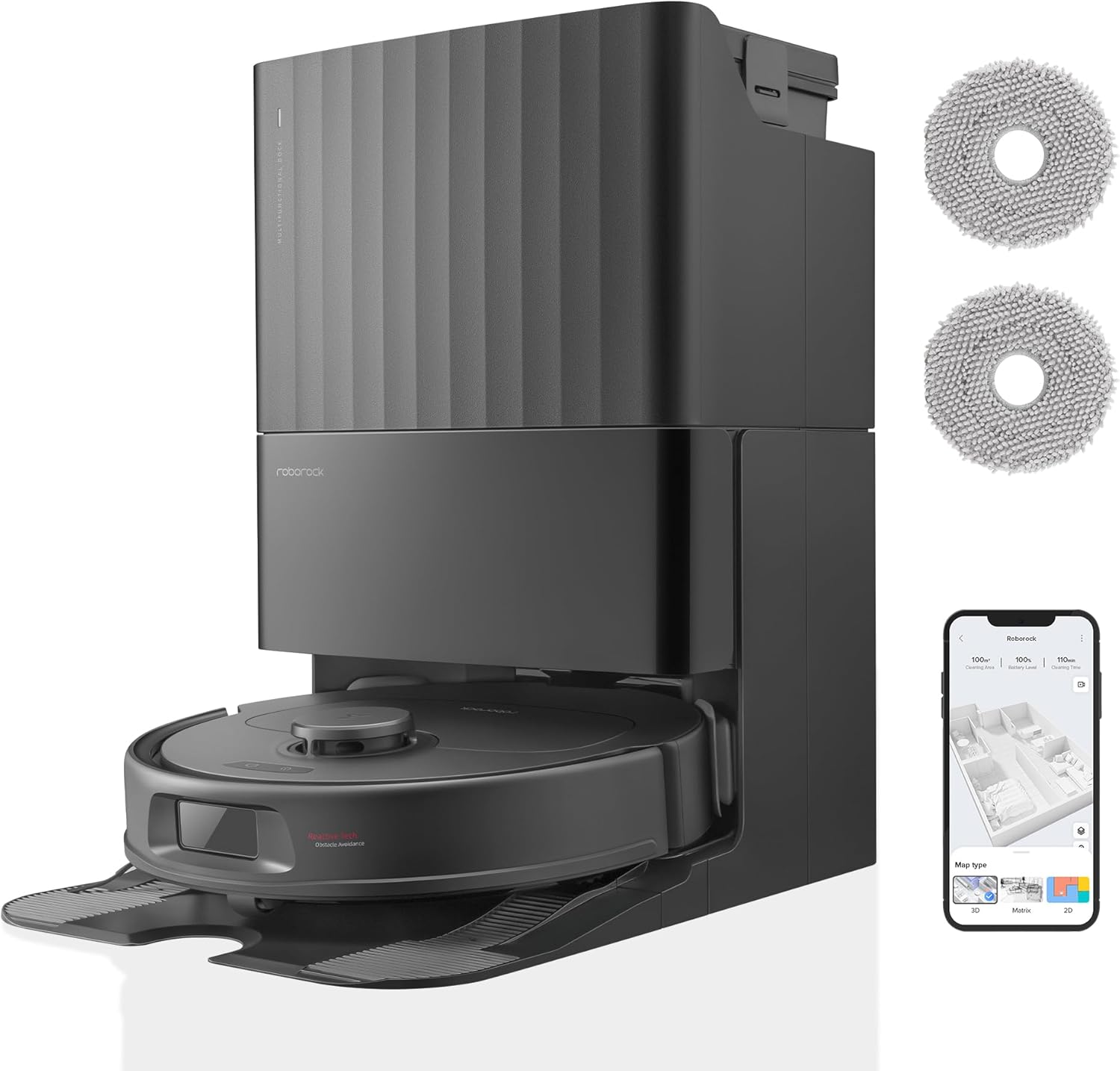 roborock Qrevo S Set Aspirateur Robot Laveur, 7000Pa HyperForce, Double Serpillière Rotative 200 tr/min & Relevable 10mm, Station Multifonctionnelle, 3D Cartographie, Reactive Tech, Contrôle APP, Noir