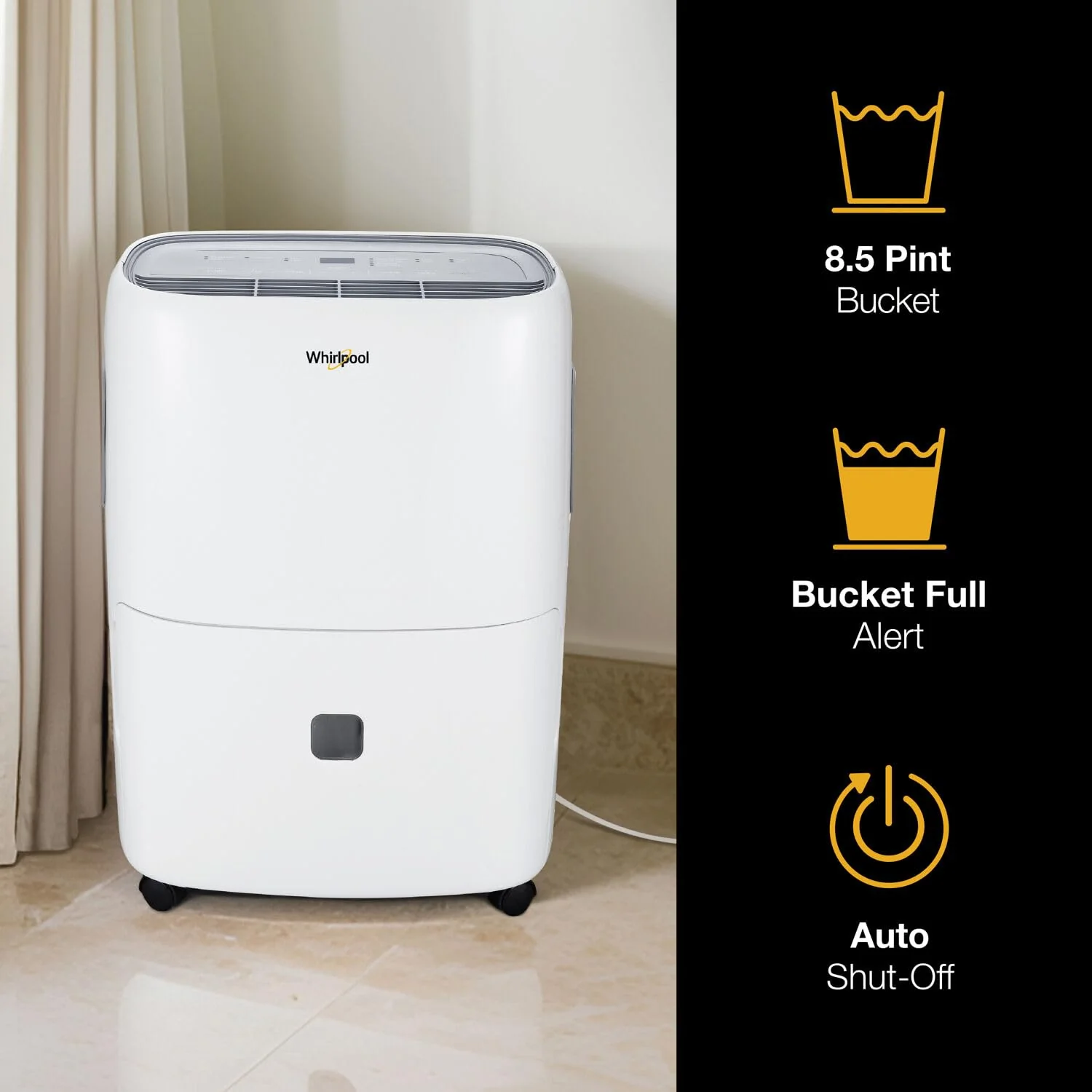 Whirlpool 20-Pint Portable Dehumidifier with Auto-Shutoff & Timer, Home Dehumidifier and Moisture Absorber For Basement, Garage, Living Room in White