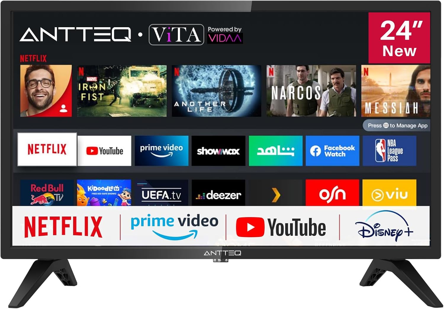 Antteq AB42D1 télévision 42 Pouces (TV 107 cm), Dolby Audio, LED, Triple Tuner DVB-C / T2 / S2, CI+, HDMI, Lecteur multimédia Via USB, Sortie Audio numérique, y Compris Mode hôtel
