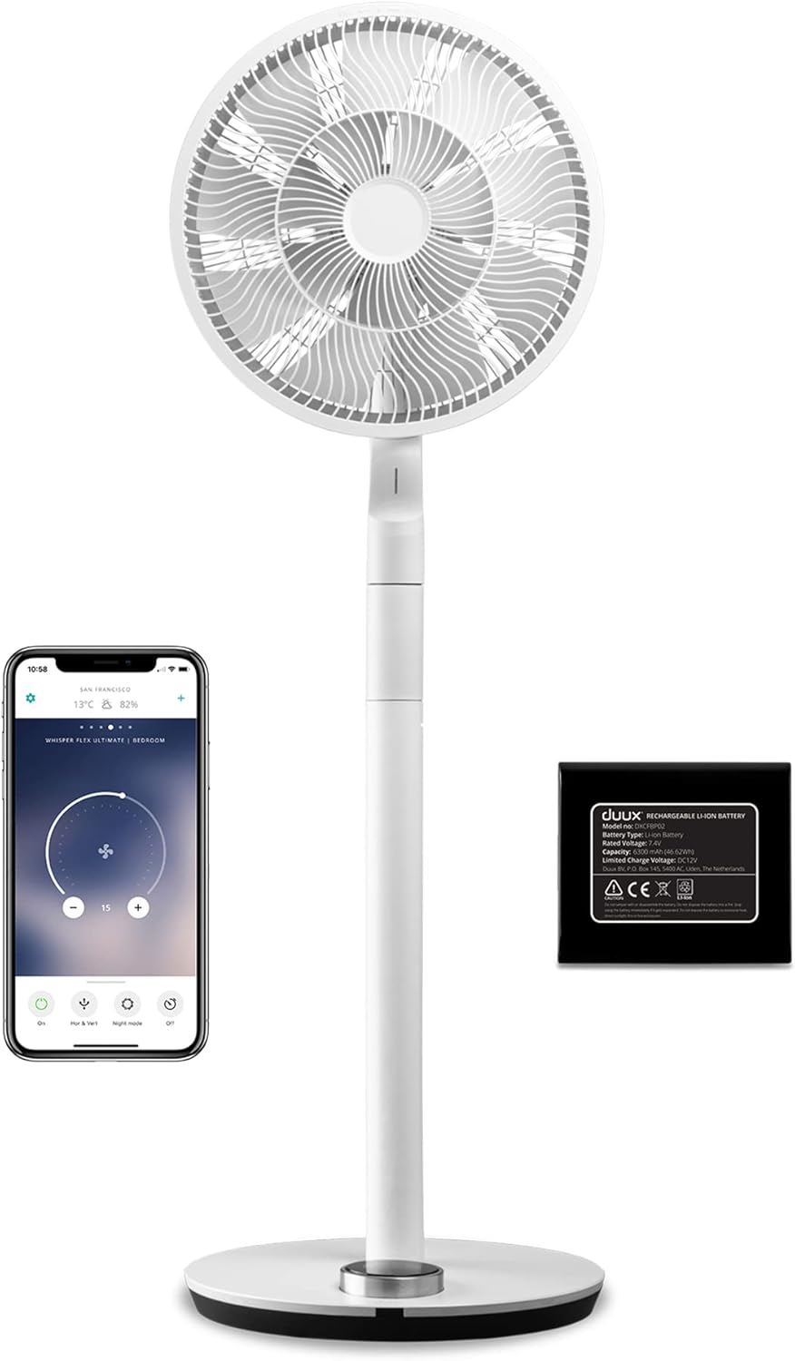 Duux whisper Flex Ultimate Blanc - Ventilateur sur pied - Ventilateur silencieux sur pied avec mode nuit et minuterie - Contrôle télécommande et smartphone - Batterie incluse