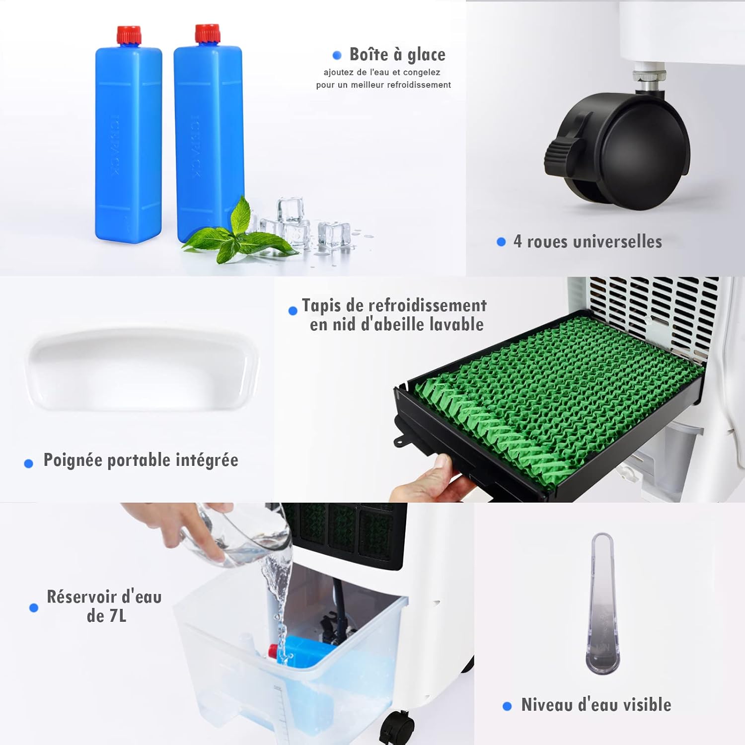 RELAX4LIFE Rafraîchisseur d’Air Mobile avec Humidificateur et Purificateur, 3 Mode de Vitesse, Climatiseur avec Réservoir d'Eau 8L et Filtre Amovible et Lavable pour Chambre, Bureau, Salon