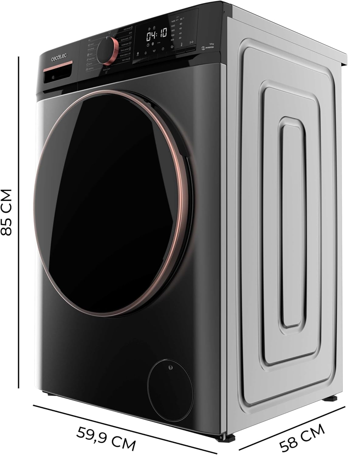 Cecotec Lave-linge 10Kg Bolero DressCode 10610 Inverter Steel A. Chargement Frontale, 1400 RPM, Steam Max, Motor Inverter Plus, 15 Programmes, OnSmart, Stop&Go, Caoutchouc Antibactérien, Drum Clean