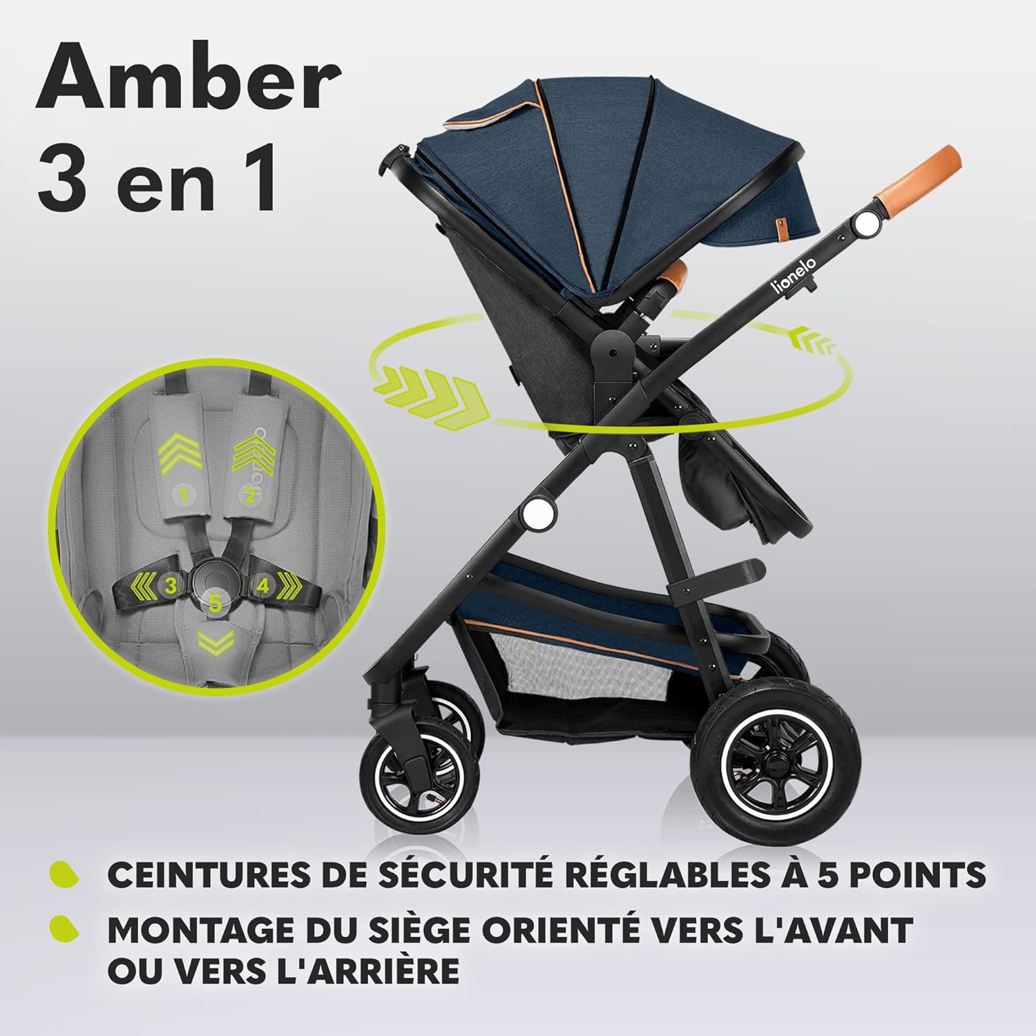 LIONELO Amber 3 in 1 poussette multifonctionnellle, landau, ensemble poussette avec siège sport et nacelle fixe, sac, moustiquaire, couvrir, feuille de pluie mit siege auto