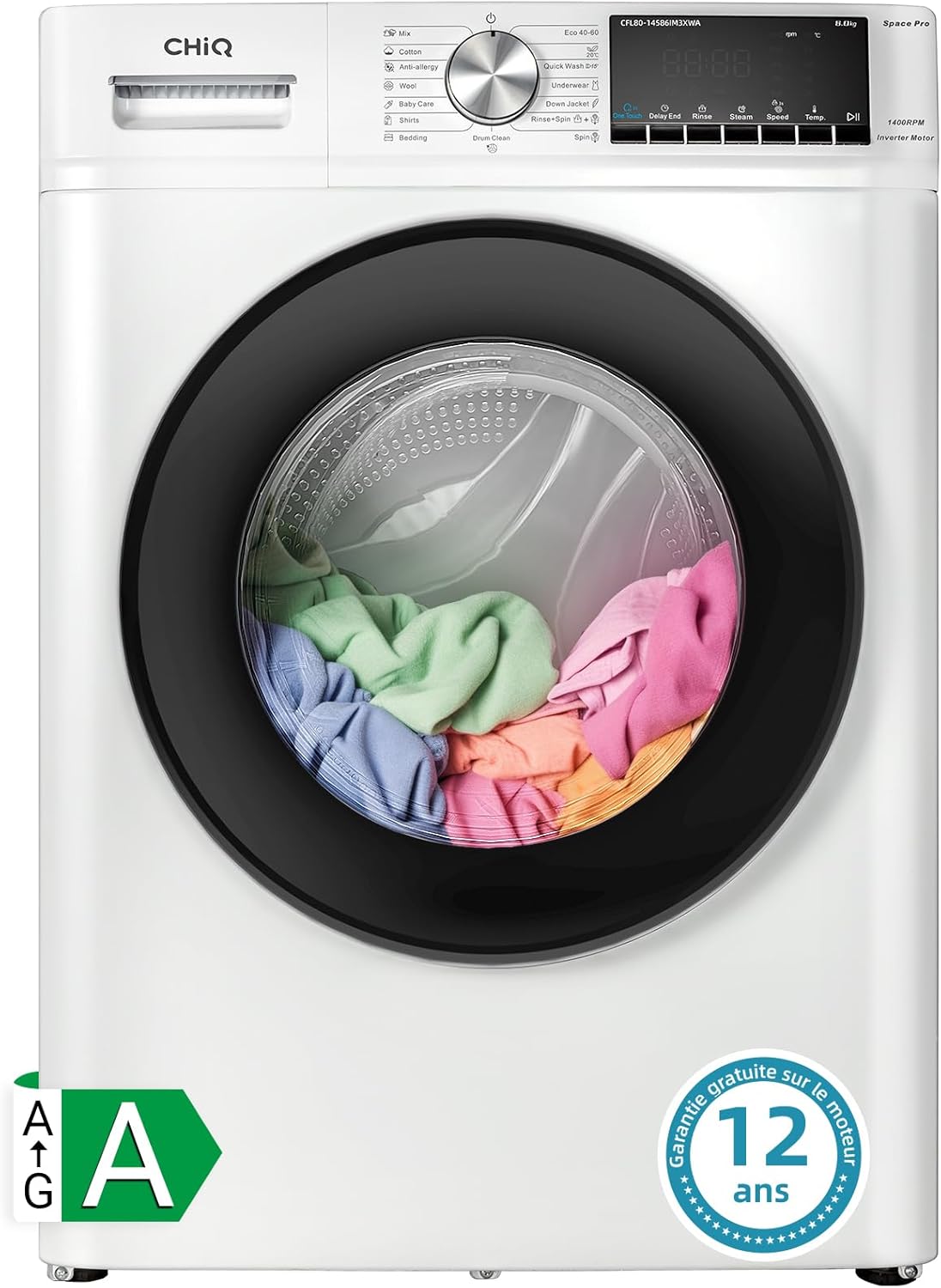 CHiQ Lave-linge à chargement frontal 10kg CFL100-14586IM3XWA,Space Pro,Moteur Inverter stable,1400 tr/min, Programme intelligent à IA,Fonction vapeur,Lavage rapide 15 minutes,15 cycles lavage,Blanc