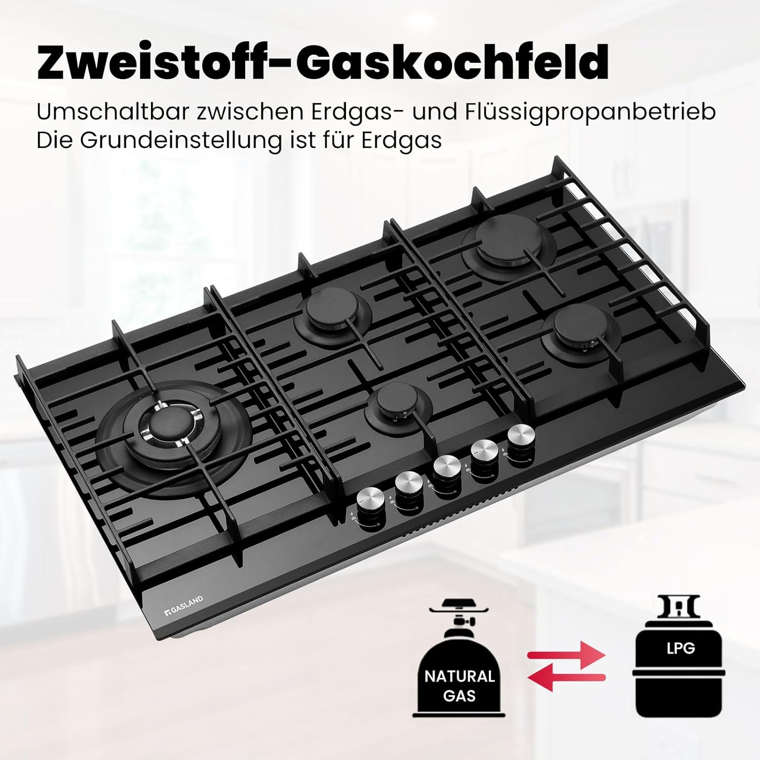 GASLAND GH2805BG1FC Table de cuisson à gaz 5 feux, Cuisinière à gaz avec brûleur wok, Table de cuisson à gaz encastrable, 76cm noir Cuisinière à gaz en verre, Cuisinière à gaz 10,4KW, GPL/NG