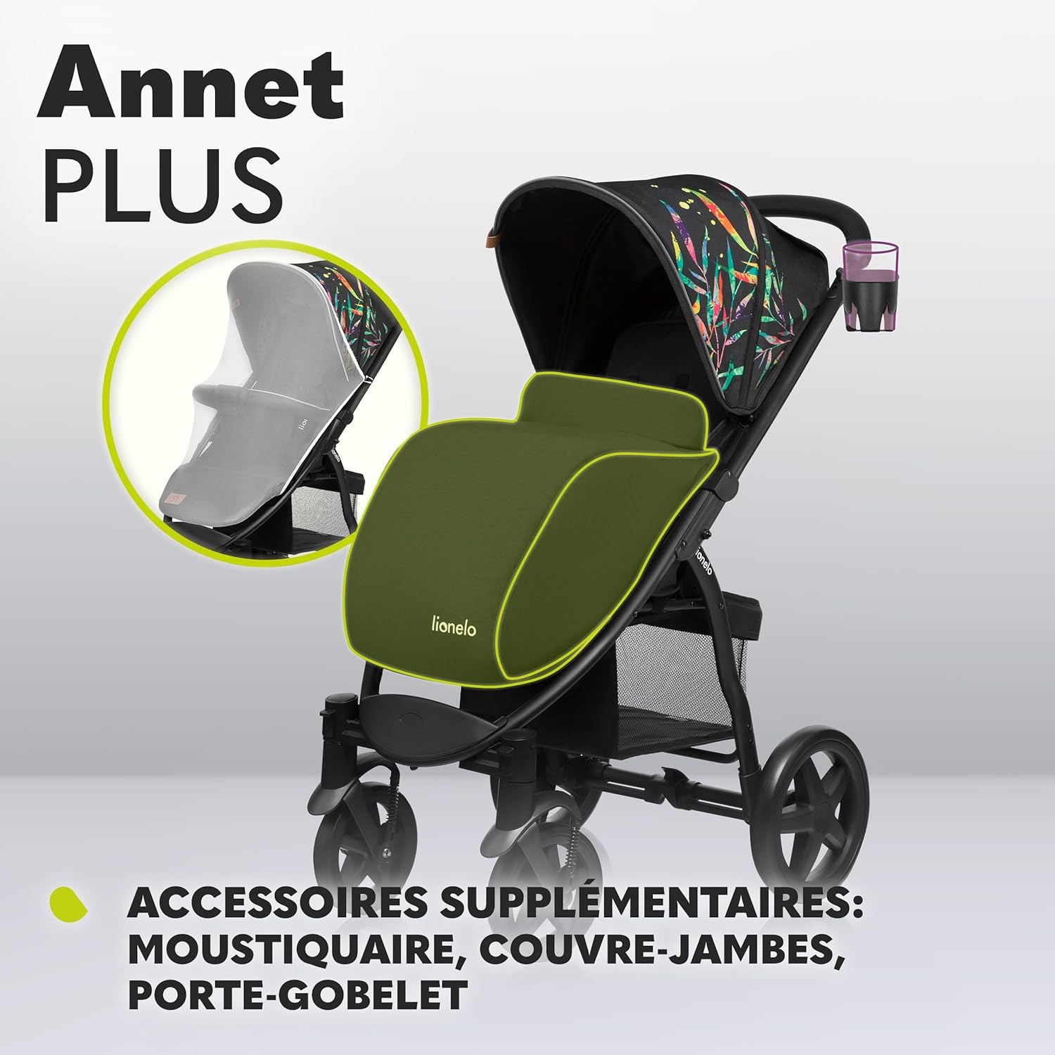 LIONELO Annet Plus poussette bebe à 22 kg, auvent avec fenêtre, roues EVA, chancelière moustiquaire porte-gobelet, réglage du dossier jusqu’à la position couchée (Dreamin, PLUS)