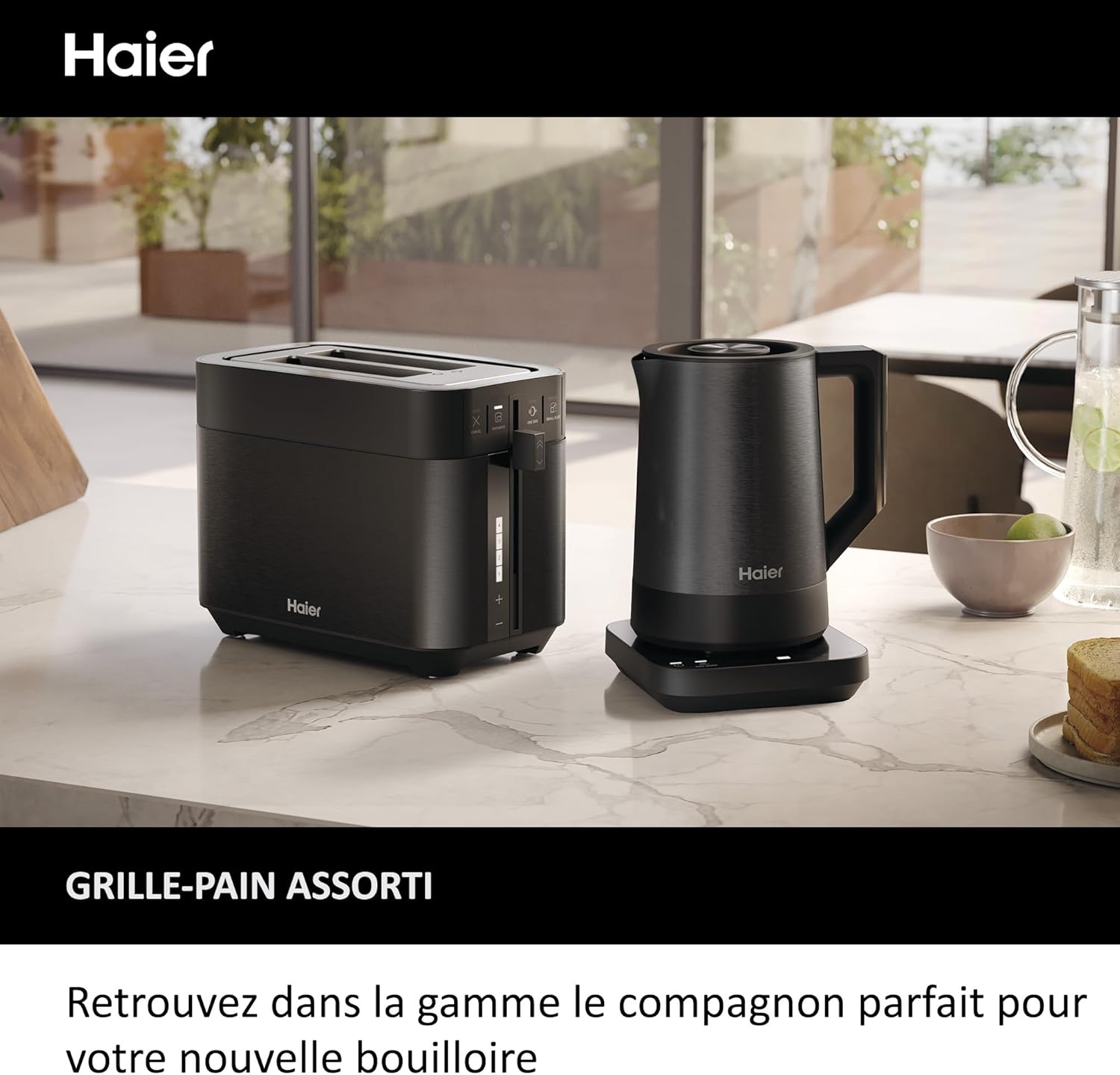 Pack Petit Déjeuner Grille-Pain Toaster+Bouilloire Haier I-Master Série 5, Acier Inoxydable, Fentes Extra Profondes, 7 Niveaux de Brunissage, 7 Réglages de Température Fonction Maintien au Chaud