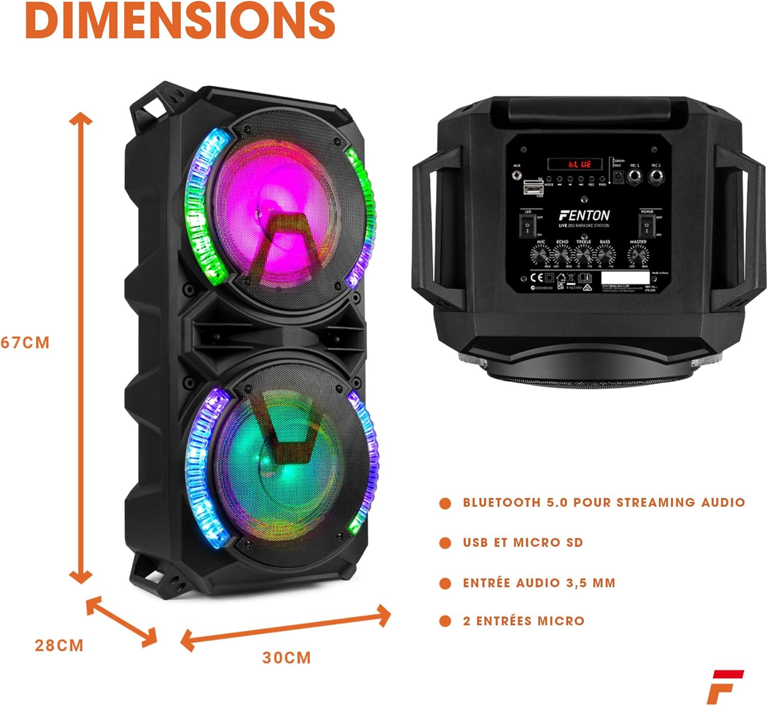 Fenton LIVE280 Enceinte Karaoke LED 2X 8”, 900W Max, 2 Microphones, Trolley et roulettes, Eclairage LED en Façade on/Off, USB et Micro SD, AUX, Connexion Bluetooth 5.0, sur Batterie ou Secteur
