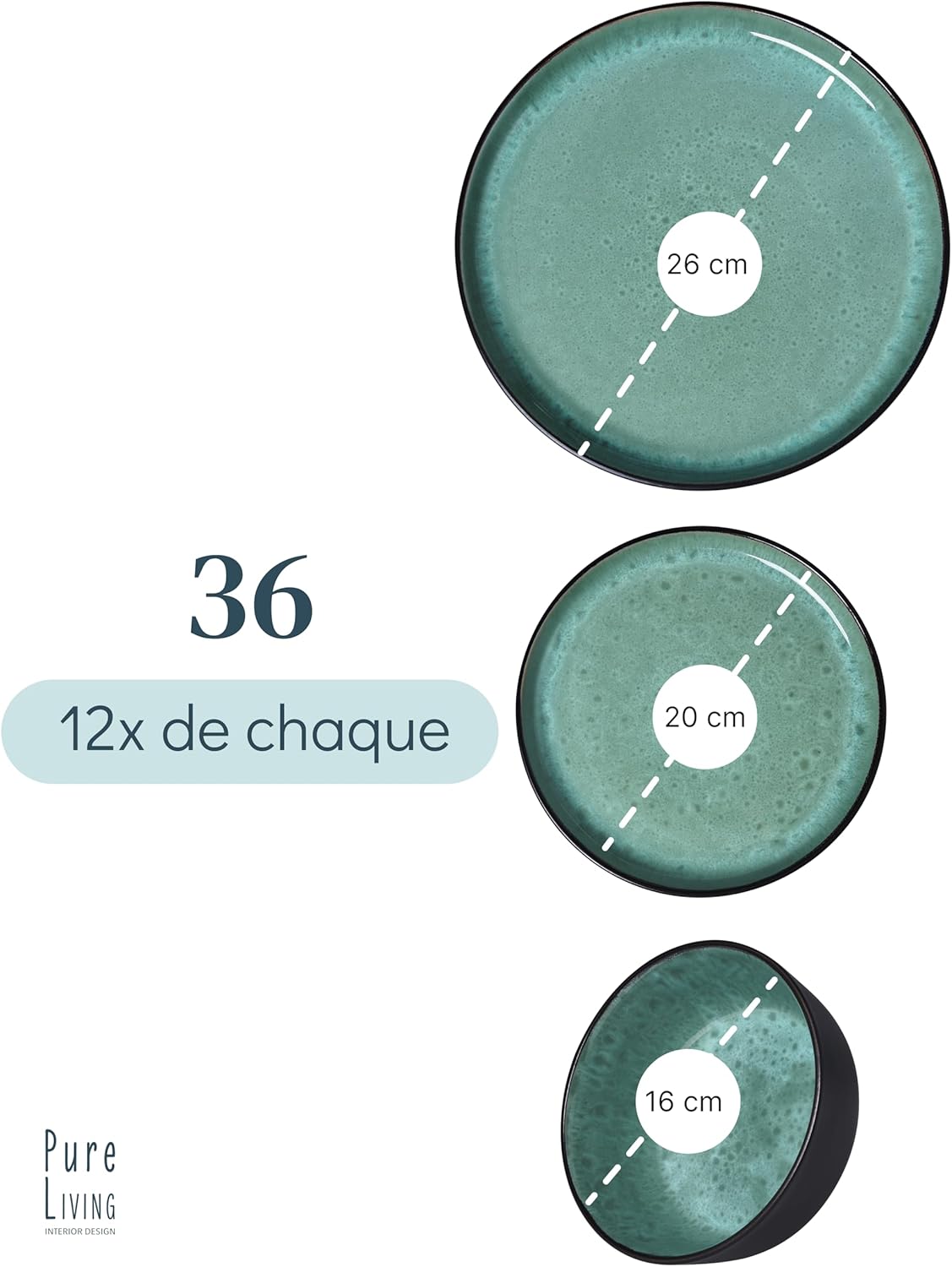 Service de Vaisselle en Grès Ibiza 36 pièces –Ensemble de Vaisselle pour 12 Personnes, Adapté au Lave-Vaisselle et au Micro-Ondes, Pure Living bleu fumé, Assiettes Service de Table