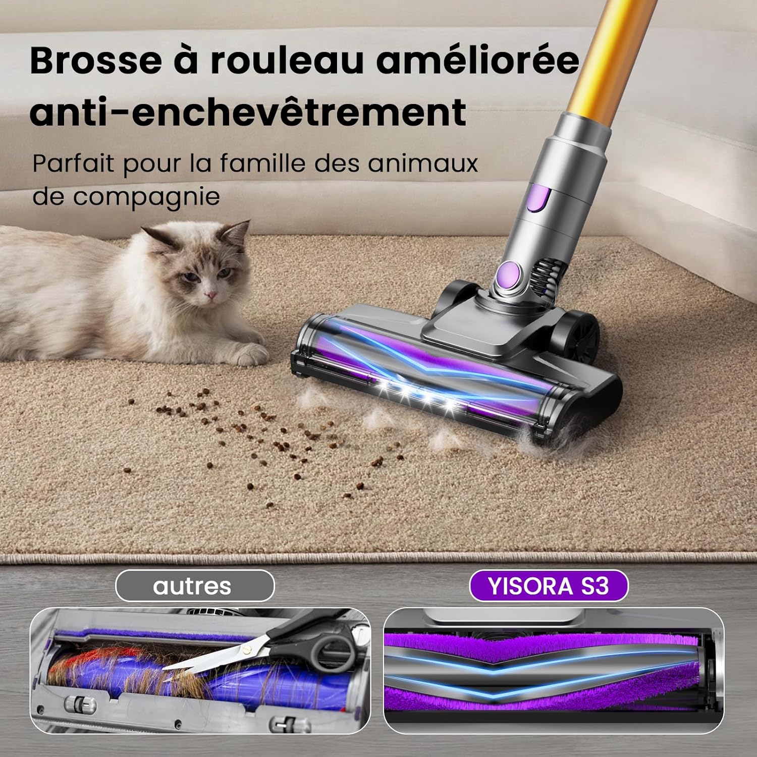 Aspirateur Balai sans Fil, 40KPa/ 55 Min d'Autonomie Aspirateur sans Fil Puissant avec Écran LED, Batterie Amovible, Lumière LED, Brosse Anti-emmêlement pour Tapis, Sols Durs, Poils d'animaux