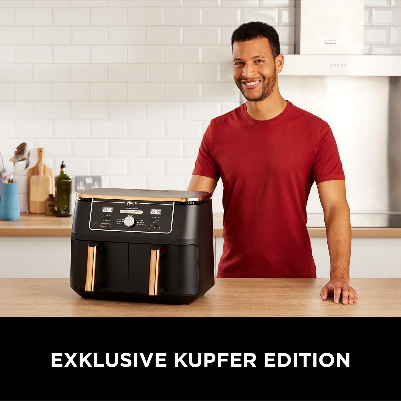 Ninja Foodi FlexDrawer Dual Zone Heißluftfritteuse, Airfryer mit 10,4-Fach und herausnehmbarem Trenner, Antihaftbeschichtung, spülmaschinenfester Korb, 7-in-1, Schwarz & Kupfer, AF500EUCP