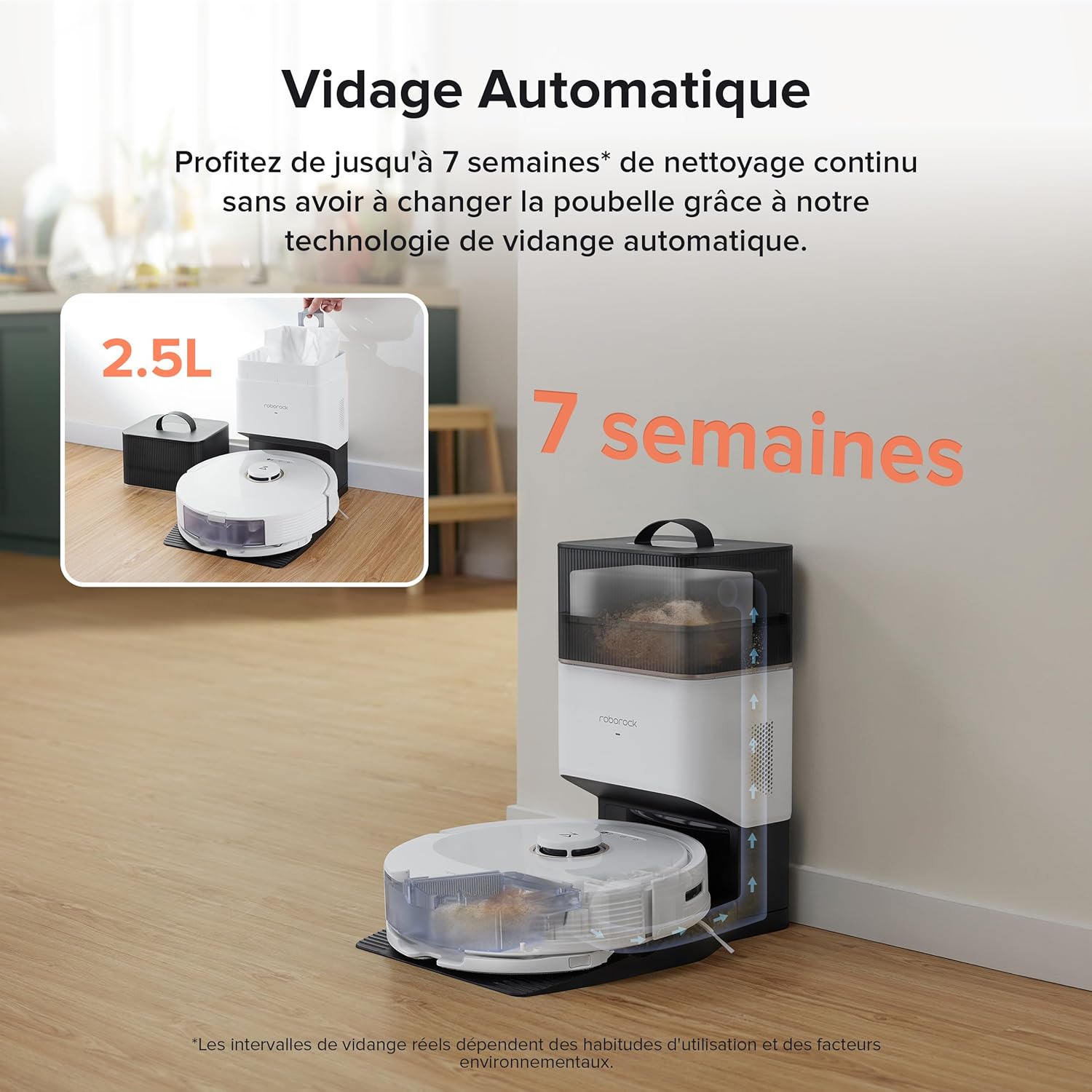 roborock Q8 Max+ Aspirateur Robot Laveur avec Station, Vidage Automatique, 5500Pa Aspiration, Brosse DuoRoller, Navigation LiDAR, Évitement d'obstacles, Cartographie Multi-Niveaux, Contrôle APP/Vocale
