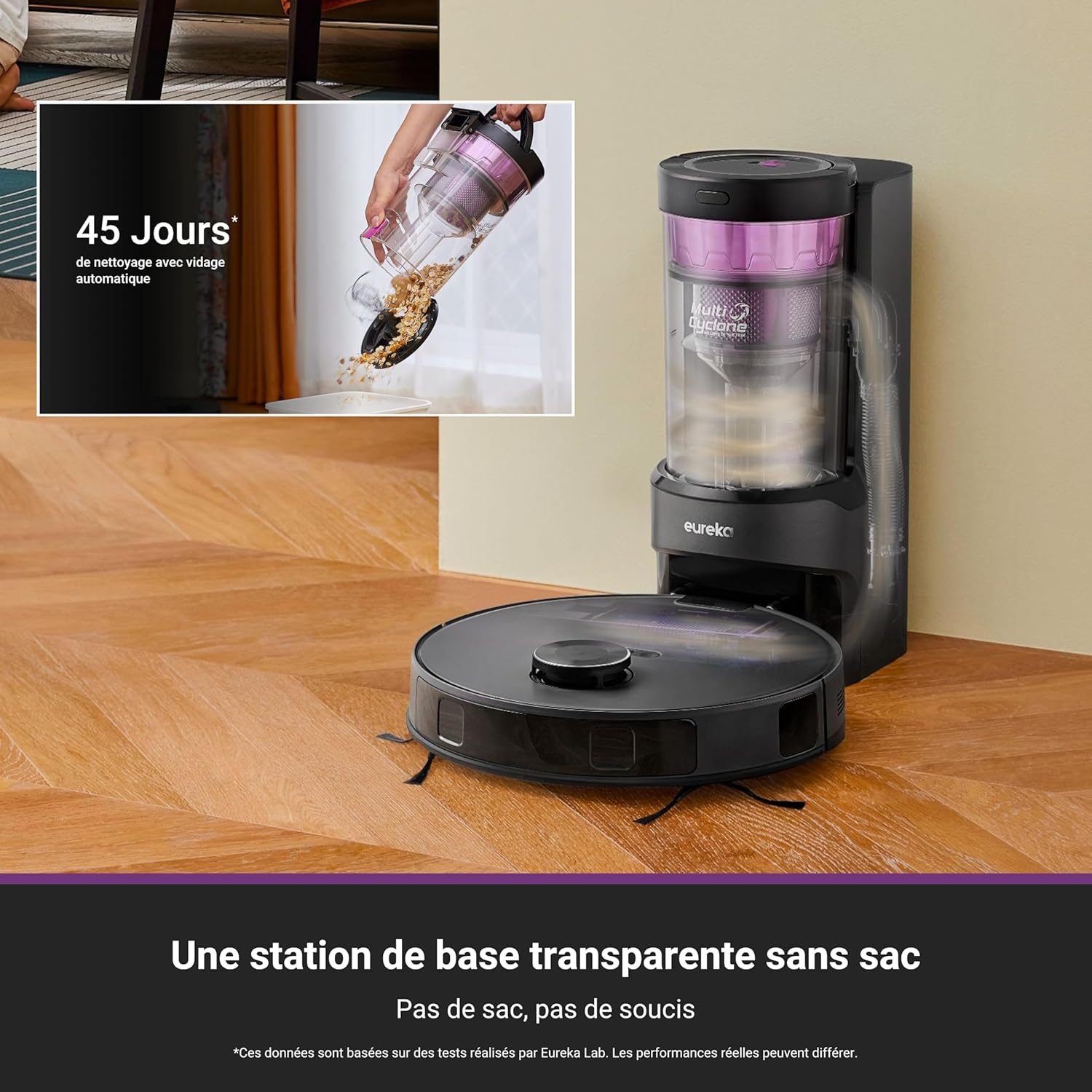Eureka E20 Plus Aspirateur Robot de 8000 Pa avec Station de Vidange Automatique sans Sac, Robot Aspirateur Laveur Anti Enchevêtrement, Évitement d'Obstacles 3D, Autonomie de 180 Minutes, DuoDetect AI