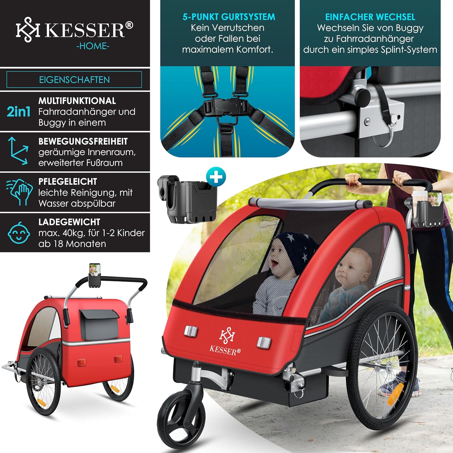 KESSER® Remorque pour Enfants Remorque de vélo Sport-RX 2en1 Fonction de Running Remorque de vélo pour Enfants + Ceinture de sécurité 5 Points 360°- Roue Avant Jogger Poussette Vélo