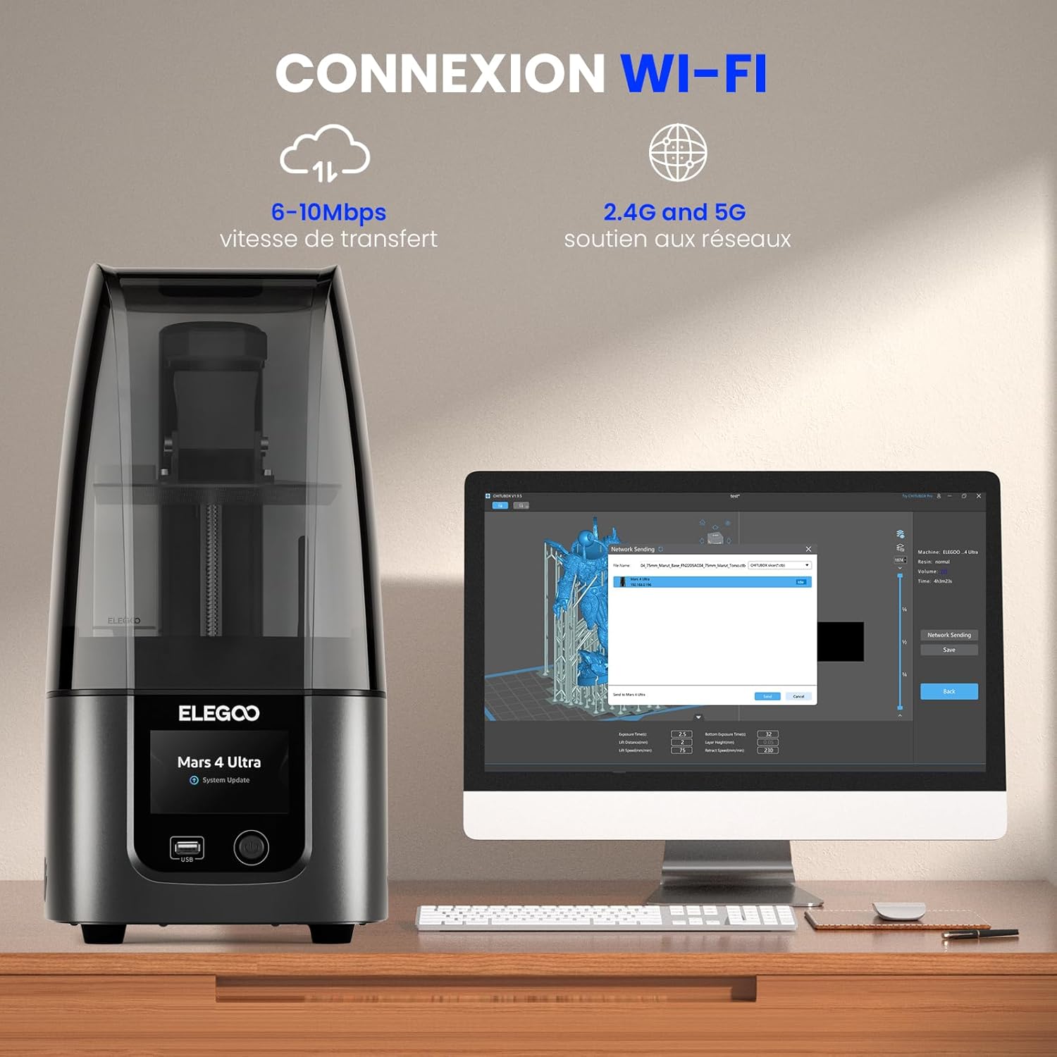 ELEGOO Mars 5 Ultra Imprimante 3D Résine 9K, Impression à Haute Vitesse 150mm/h, Nivellement Automatique, Détection Intelligente, Transfert Wi-Fi, Taille d'Impression 153.36 x 77.76 x 165 mm³