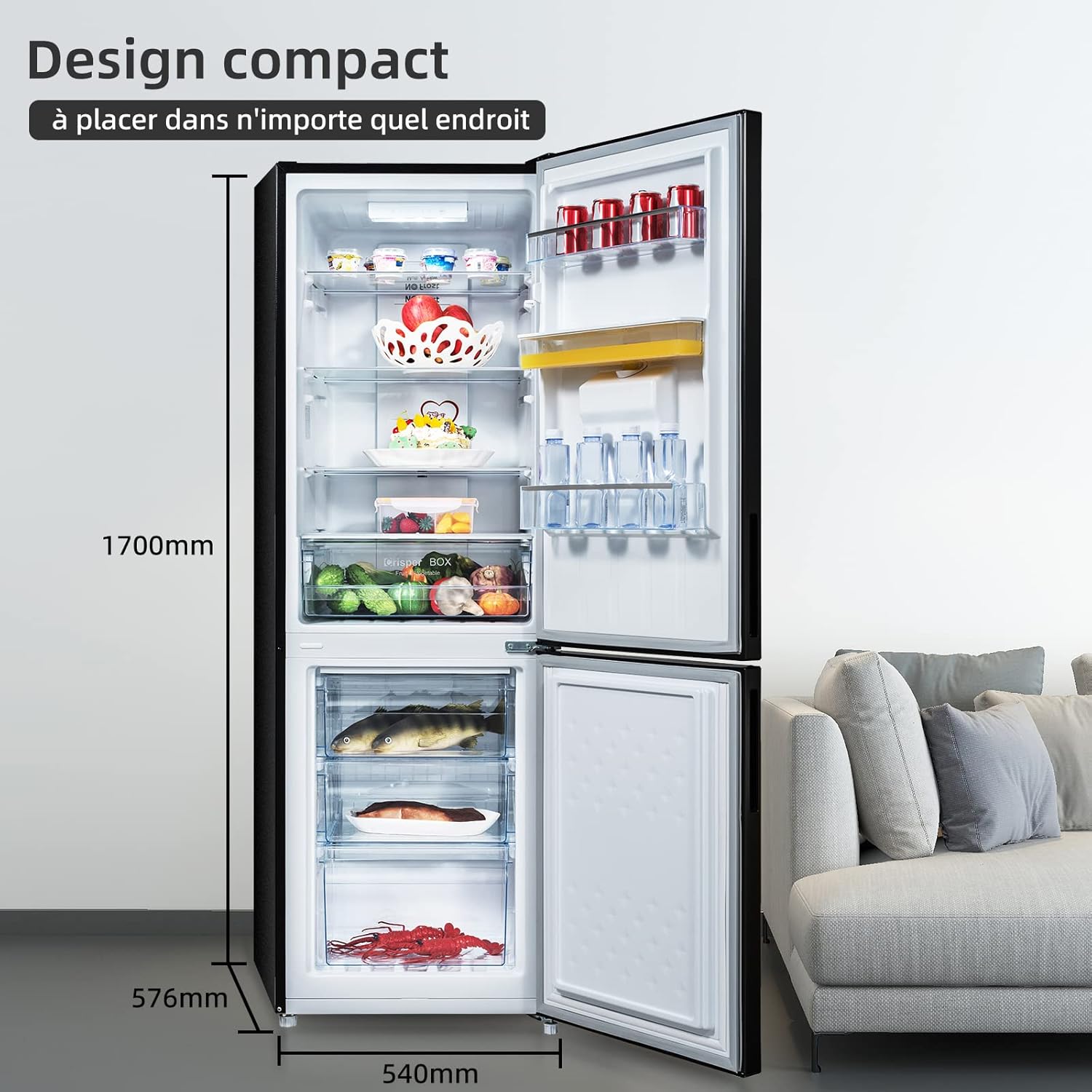 CHIQ Réfrigérateur autoportant 317L à Inverter, 322 l, sans givre, flux d'air multiple, congélation rapide, électronique tactile, compresseur avec garantie de 12 ans, efficacité améliorée, noir