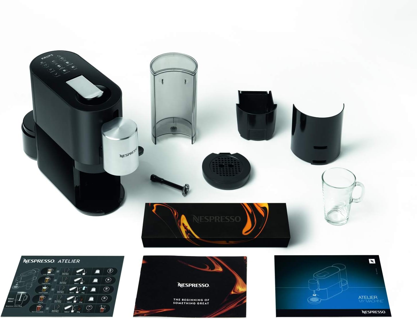 Krups Machine à Café Nespresso Atelier XN8908 - Système de Mousse de Lait - Réservoir d'eau de 1 l - Avec Tasses en Verre Nespresso + Capsules - Pression 19 Bar - Noir/Argenté