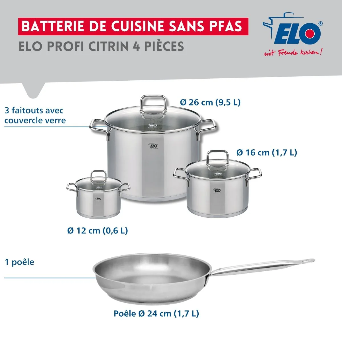 Ensemble de 1 Poêle de cuisson 24 cm et 3 faitouts 12, 16 et 26 cm Elo Profi Citrin Elo