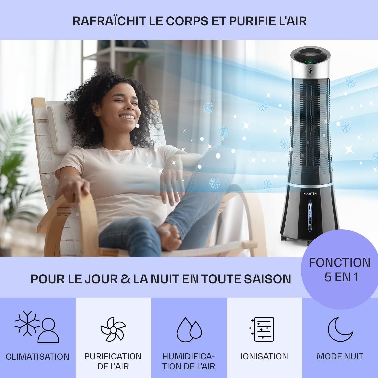 Klarstein Rafraichisseur d'Air Mobile 5 en 1, par Evaporation avec Humidificateur, Ventilateur, Ioniseur, Climatiseur Mobile Sans Évacuation, Mode Nuit, 45W, Débit d'Air de 180m³/h