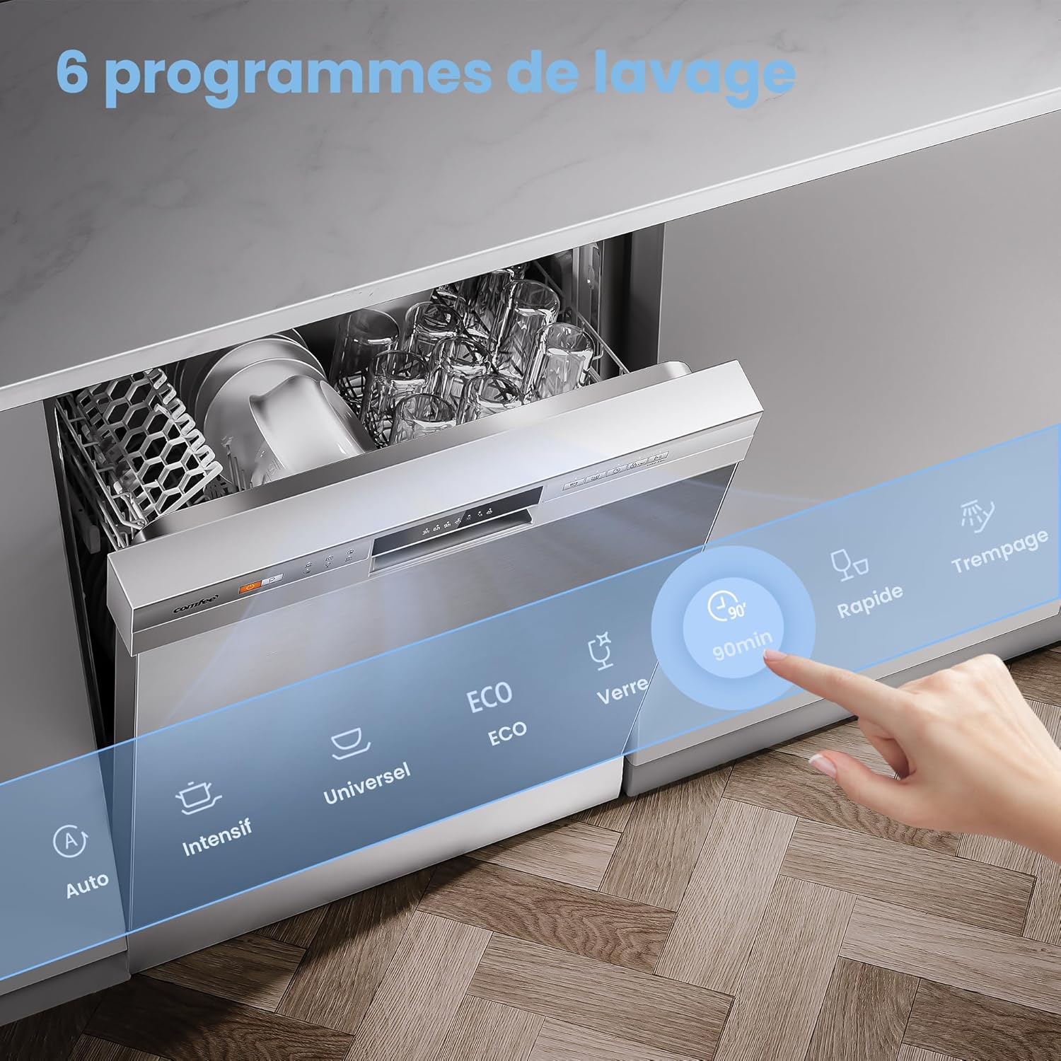 COMFEE' CDWPF1201PS Lave-vaisselle Pose Libre, 60 cm, 12 couverts, départ différé, fonction demi-charge, paniers flexibles - Acier Inoxydable, 49 dB, Commande Bouton