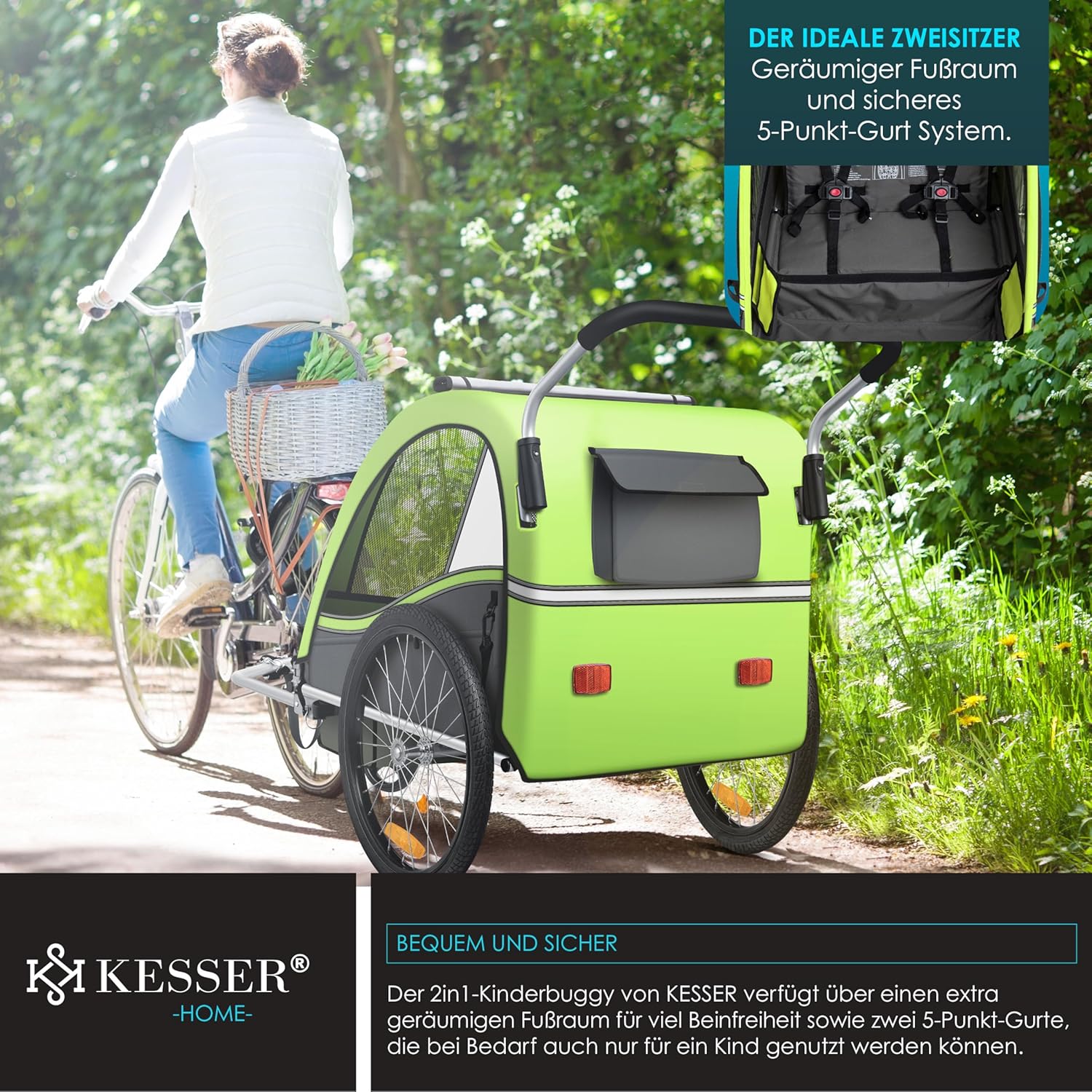 KESSER® Remorque pour Enfants Remorque de vélo Sport-RX 2en1 Fonction de Running Remorque de vélo pour Enfants + Ceinture de sécurité 5 Points 360°- Roue Avant Jogger Poussette Vélo